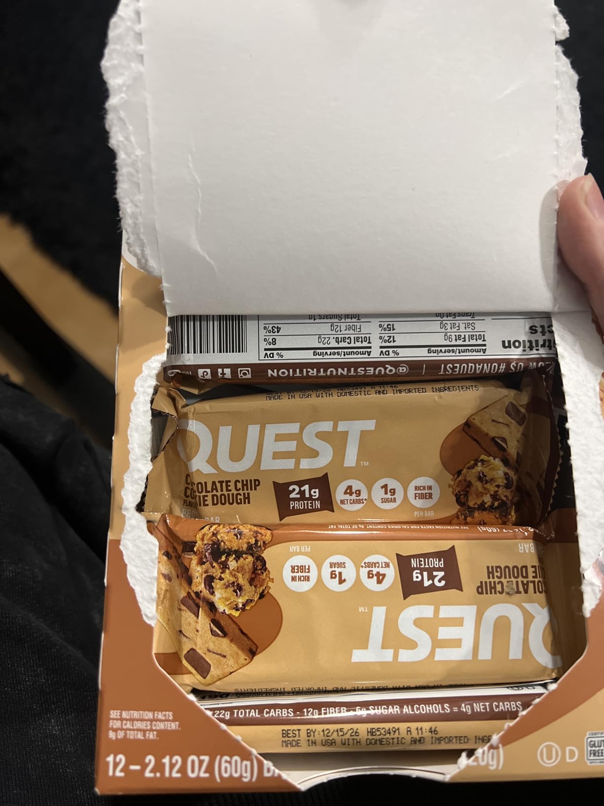 Quest Nutrition Chocolate Chip Cookie Dough Protein Bars, High Protein, Low Carb, Gluten Free, Keto Friendly, 12 Count customer photo 2