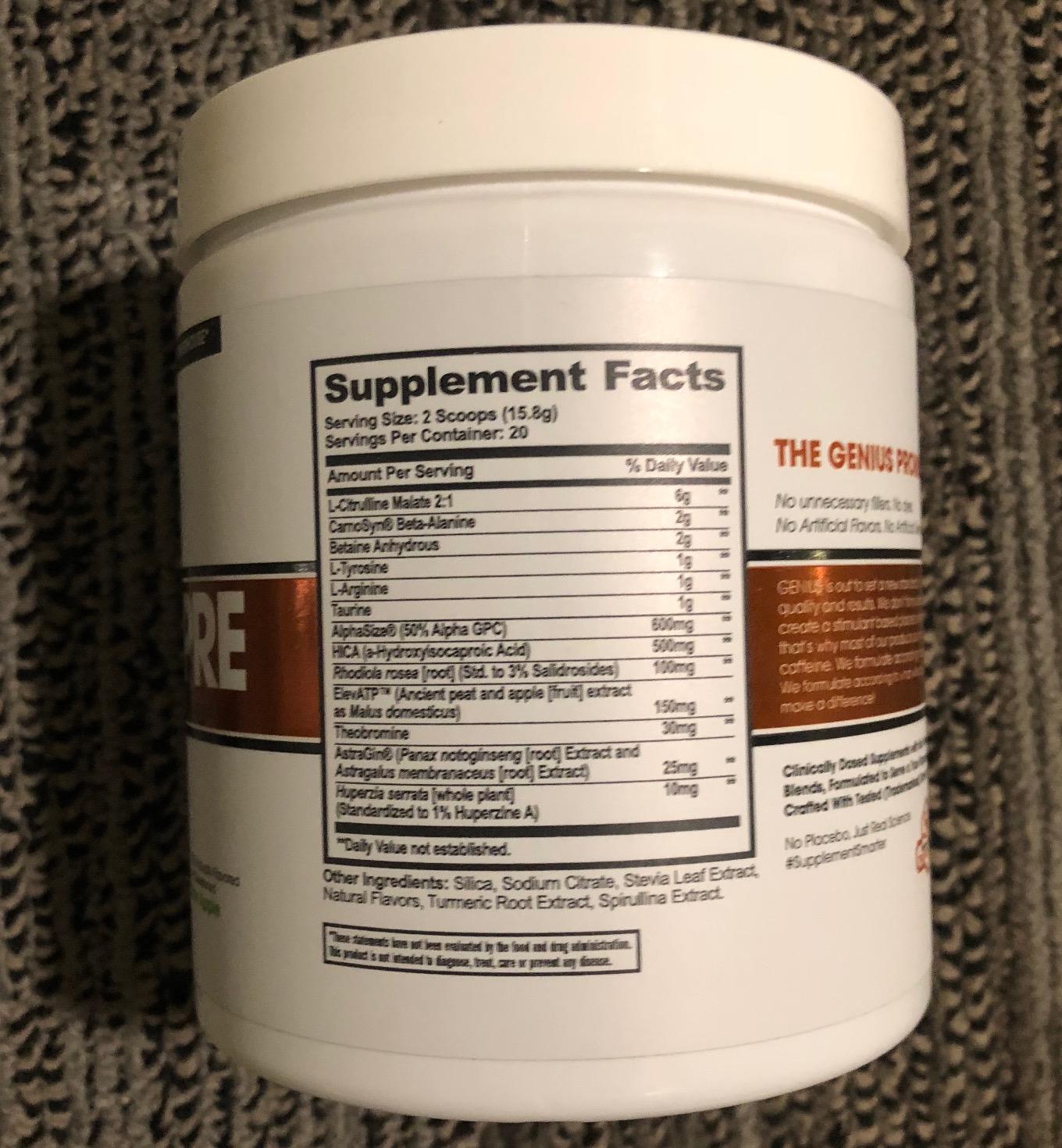 Genius Pre Workout Powder, Sour Apple - All-Natural Nootropic Pre-Workout & Caffeine-Free Nitric Oxide Booster Supplement with Beta Alanine & Alpha GPC - No Artificial Flavors, Sweeteners, or Dyes customer photo 1