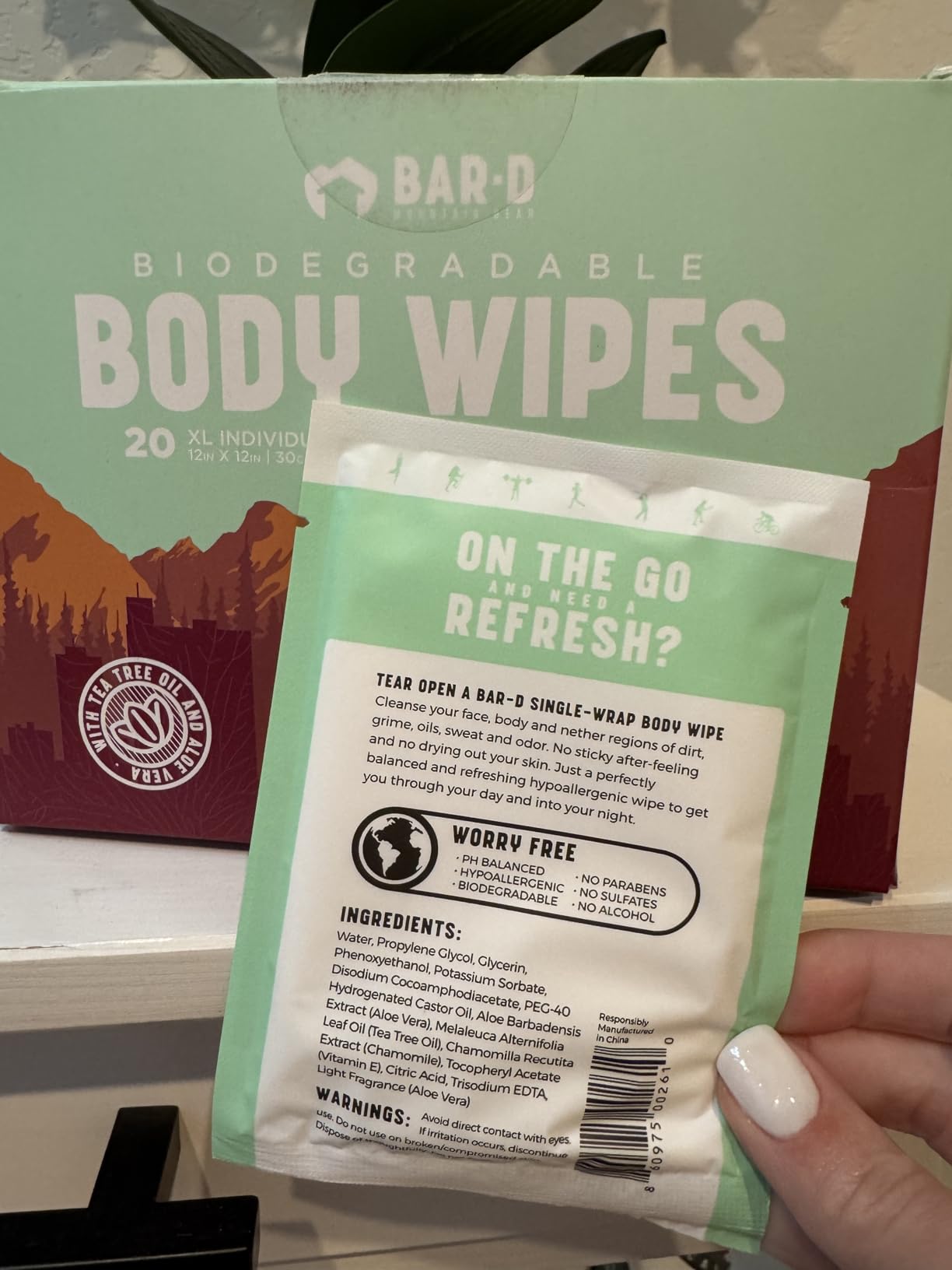 Bar-D Biodegradable Body Wipes with Tea Tree Oil & Aloe Vera - Refreshing Shower Wipes Great for Camping, Hiking, Post Workout and Travel (3-Pack, 10 Wipes/Pack) customer photo 2