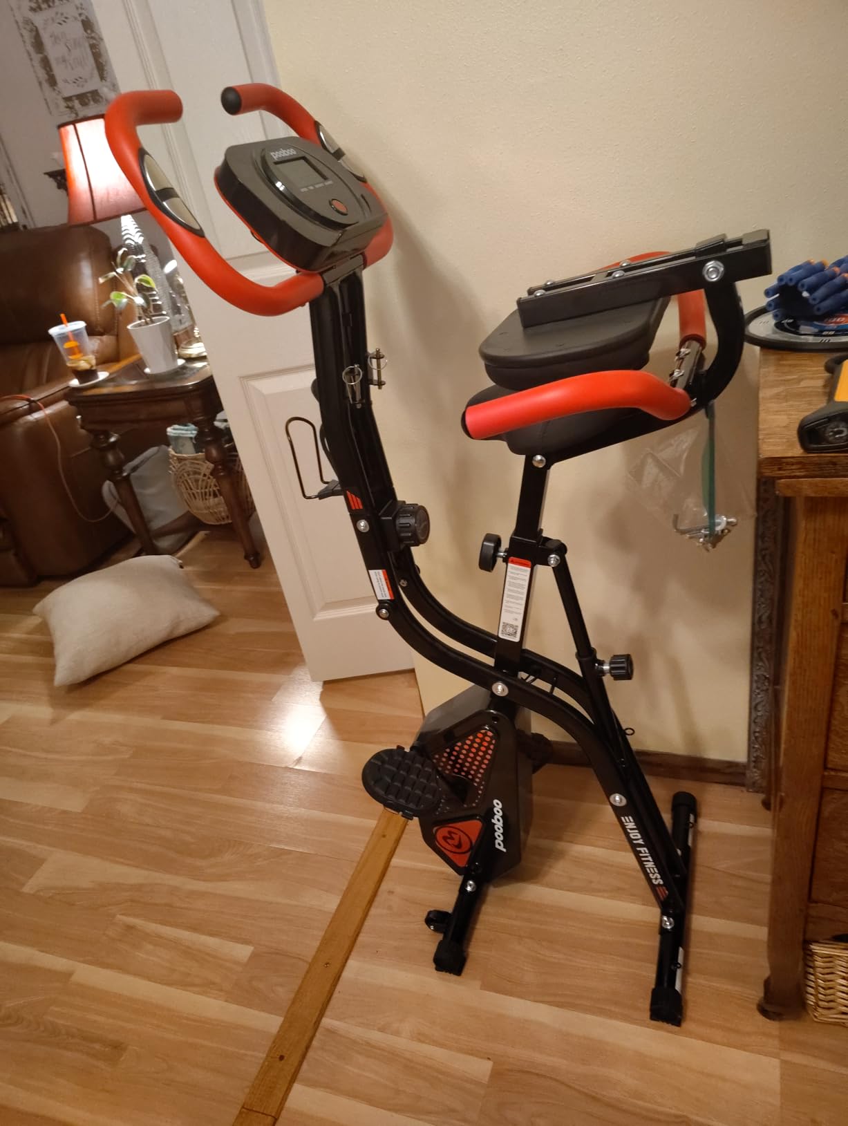pooboo Folding Exercise Bike, Foldable Upright Stationary Bike, Indoor Cycling Magnetic X-Bike with 8-Level Adjustable Resistance, 6.6 LBS Flywheel, 300LB Capacity, Back Support Cushion for Home Gym customer photo 1