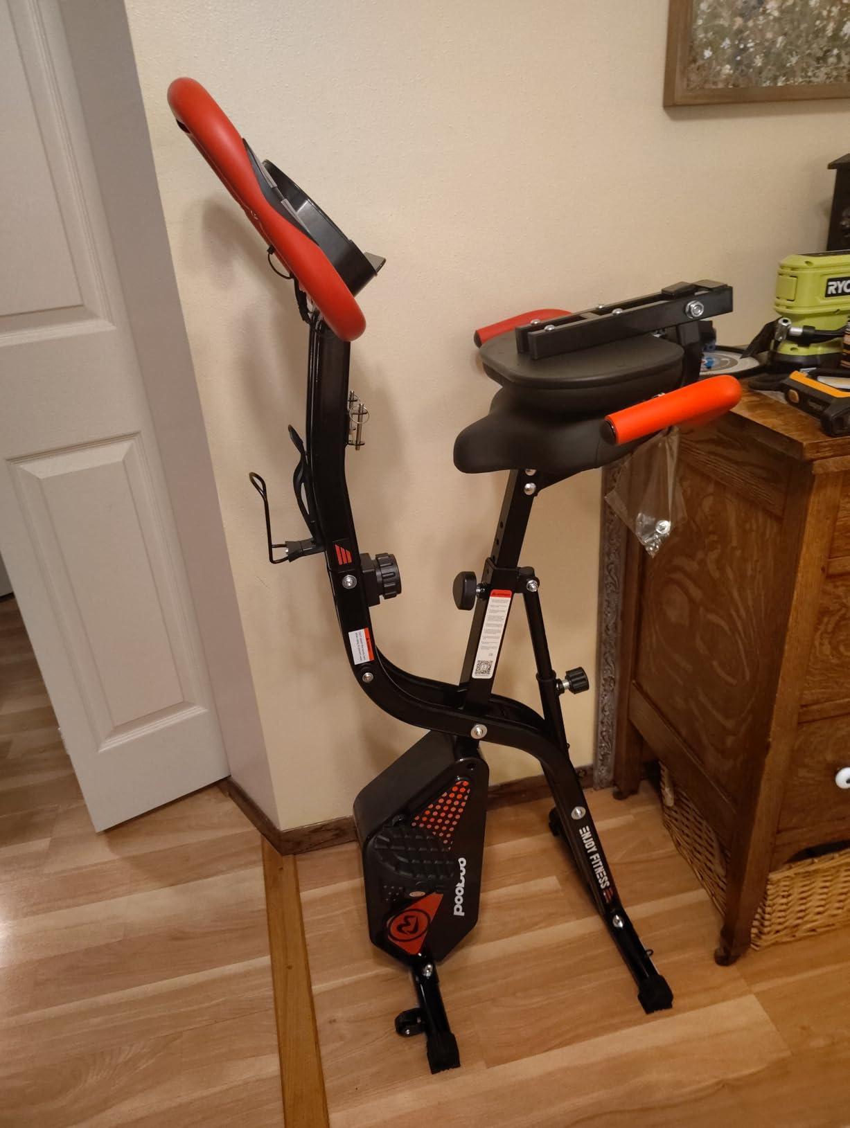 pooboo Folding Exercise Bike, Foldable Upright Stationary Bike, Indoor Cycling Magnetic X-Bike with 8-Level Adjustable Resistance, 6.6 LBS Flywheel, 300LB Capacity, Back Support Cushion for Home Gym customer photo 2