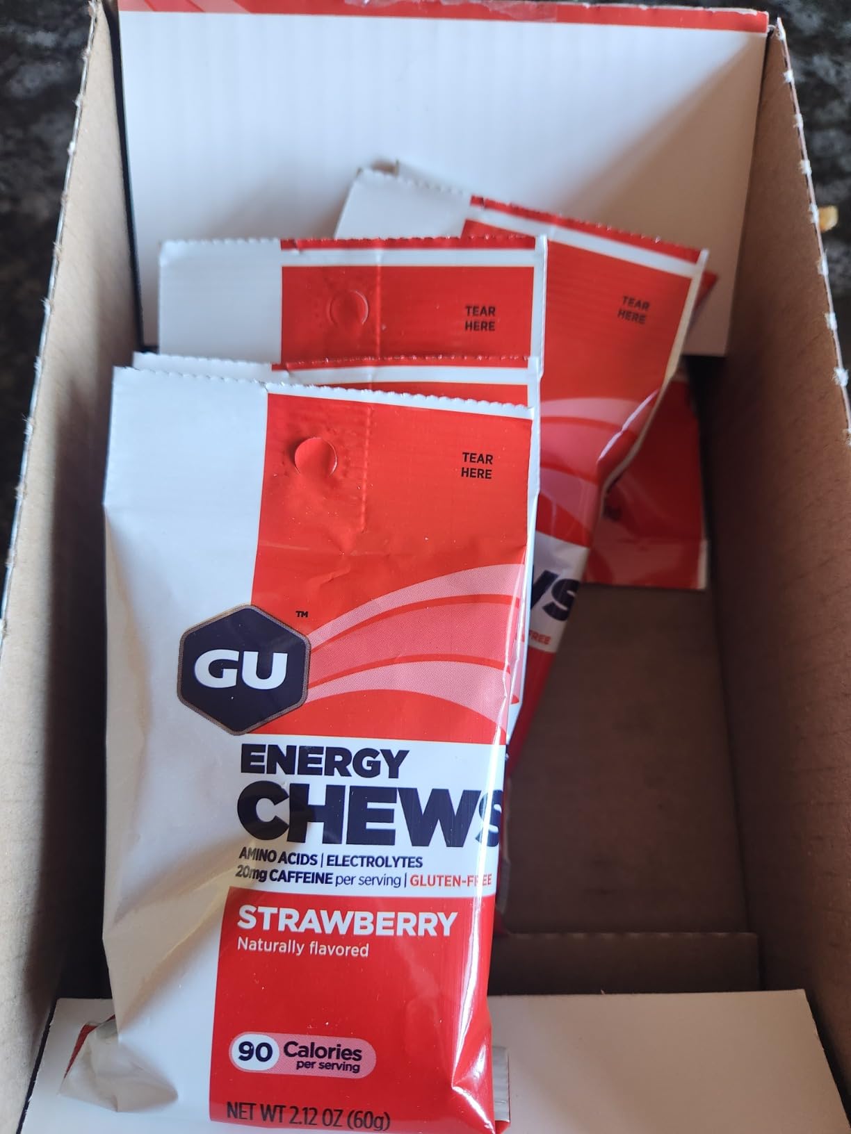 GU Energy Chews, Strawberry Energy Gummies with Electrolytes, Vegan, Gluten-Free, Kosher, 20 mg of Caffeine, and Dairy-Free On-the-Go Energy for Any Workout, 12 Bags (24 Servings Total) customer photo 1