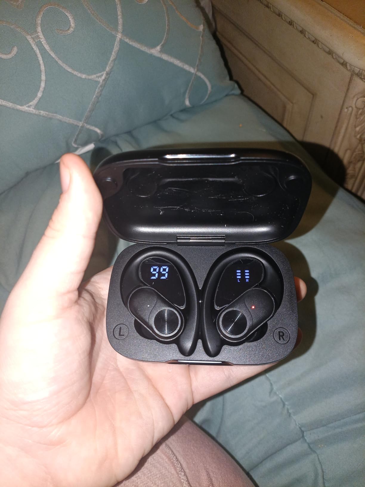 PocBuds Bluetooth Headphones Wireless Earbuds 80hrs Playtime Wireless Charging Case Digital Display Sports Ear Buds with Earhook Deep Bass IPX7 Waterproof Over-Ear Earphones for TV Phone Laptop Black customer photo 1