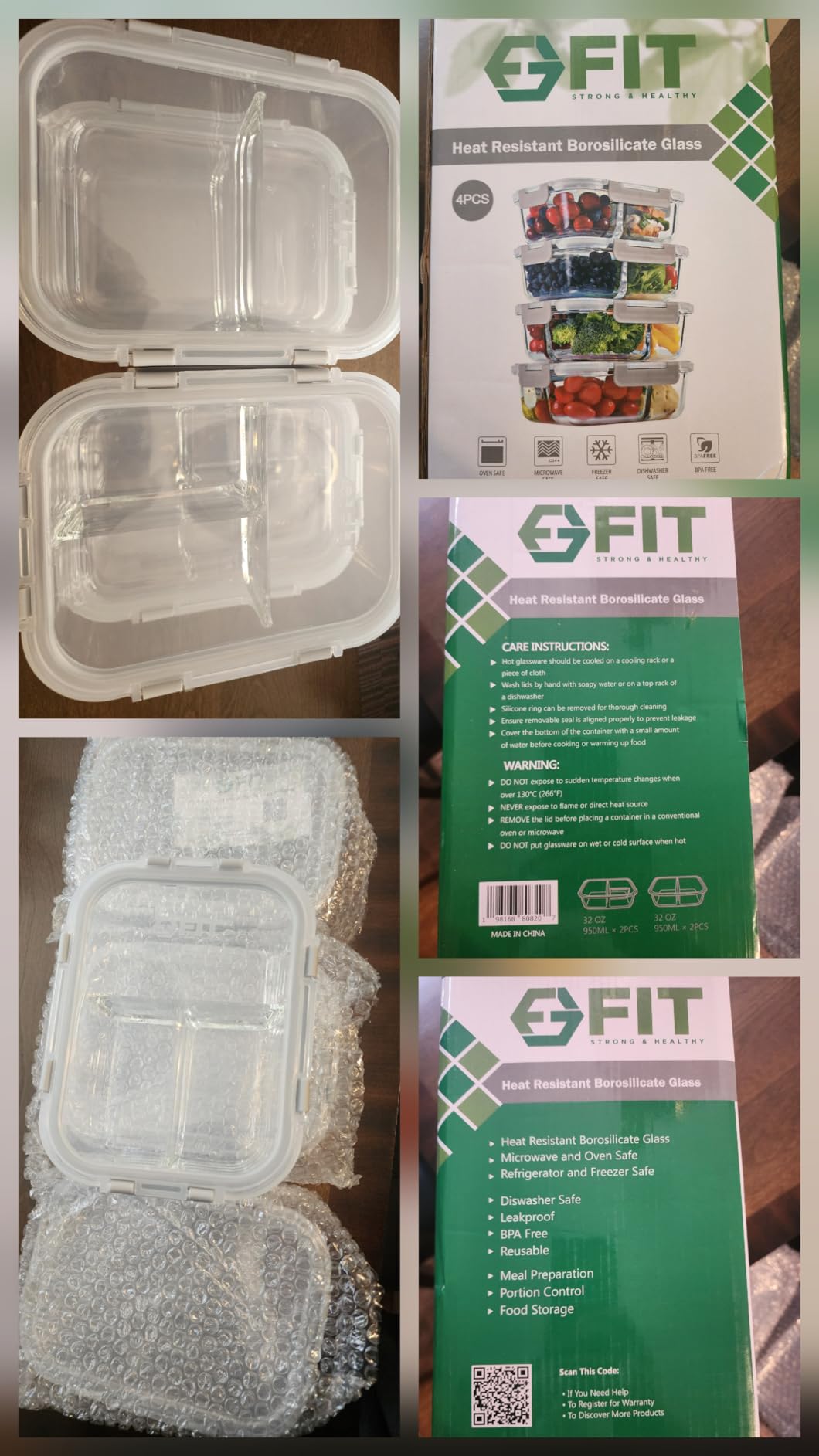 FIT Strong & Healthy Meal Prep Containers, 1 & 2 & 3 Compartments - Glass Bento Box Adult Lunch Box, Glass Containers Meal Prep with Lids, Container with Compartments, 35 oz, Black, 3 Pack customer photo 1
