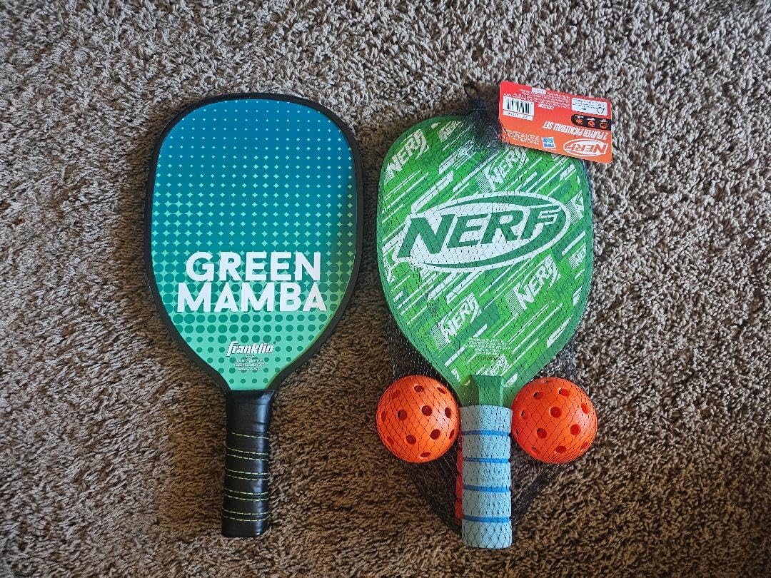 NERF 2 Player Pickleball Paddle Set - Youth Pickleball Equipment Set - (2) Wooden Paddles with Foam Grips + (2) Outdoor Balls for Kids - Carry Bag Included customer photo 1