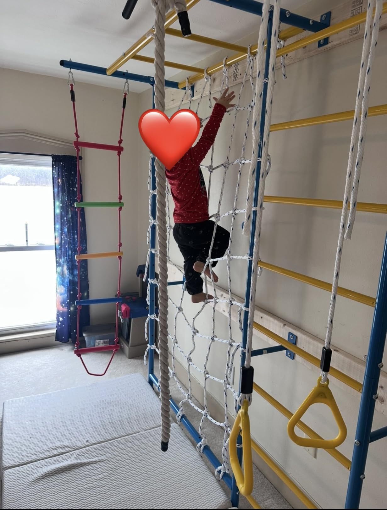 VEVOR Indoor Jungle Gym for Toddlers, 7-in-1 Climbing Playset with Carbon Steel Swedish Ladder, Wall Ladder, Pull-Up Bar, Rope Ladder, and Gymnastic Rings, Supports 220 lbs, Multicolor customer photo 2