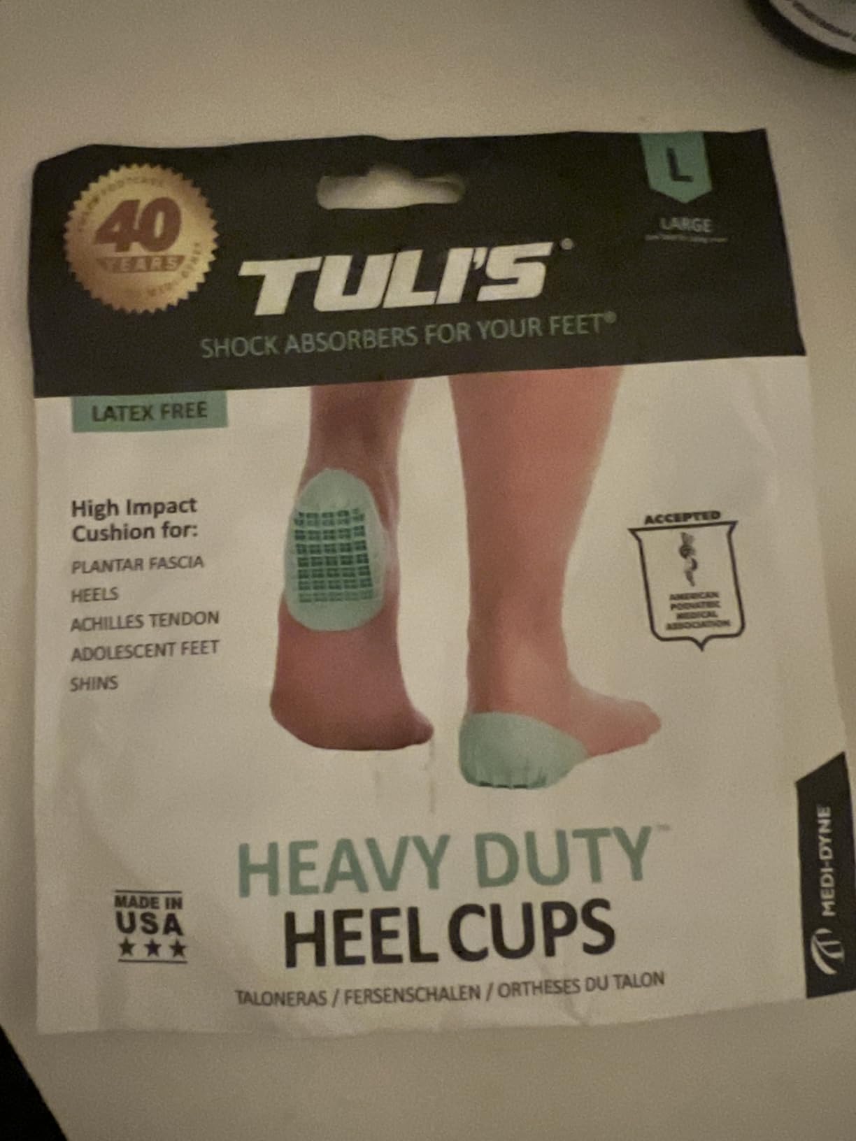 Tuli's Heavy Duty Heel Cups, Shock-Absorbing Cushion Insert for Plantar Fasciitis, Sever's Disease, and Heel Pain, Green, 1 Pair, Regular customer photo 1