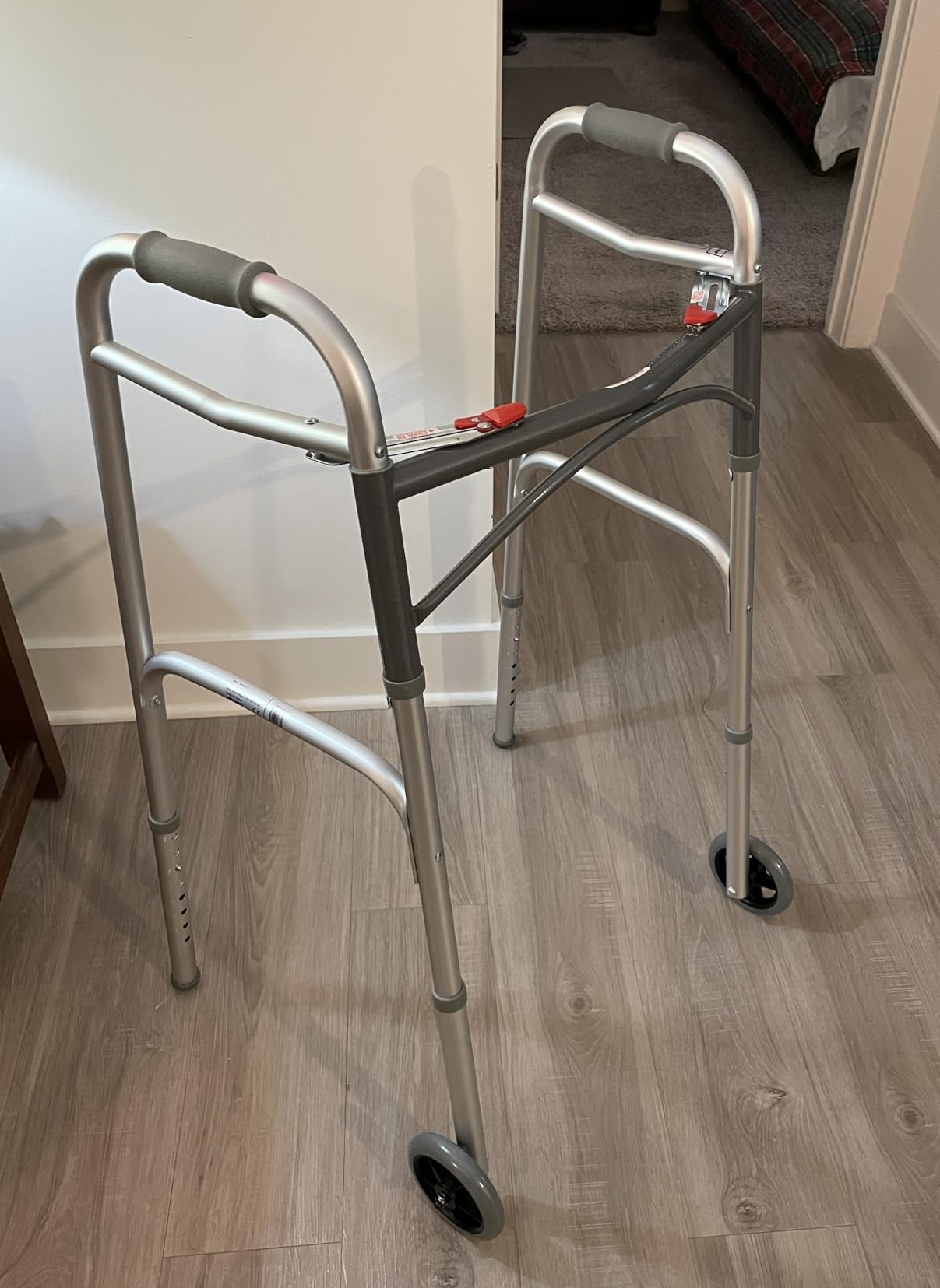 Drive Medical Two-Button Folding Walker With Wheels - Lightweight Rolling Mobility Support - Adjustable Height - Dual Push-Button Operation - 5 Inch Front Wheels - Durable Aluminum - Silver customer photo 2