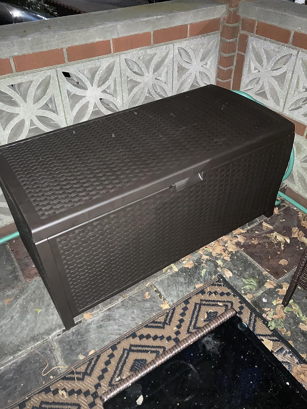 Suncast Outdoor Storage Box - 73 Gallon Mocha Brown Deck Box for Patio, Weather-Resistant Outdoor Storage Bench, Resin Wicker Style, Heavy-Duty, Lockable Lid for Cushions, Shoes, Pool and Garden Gear customer photo 2