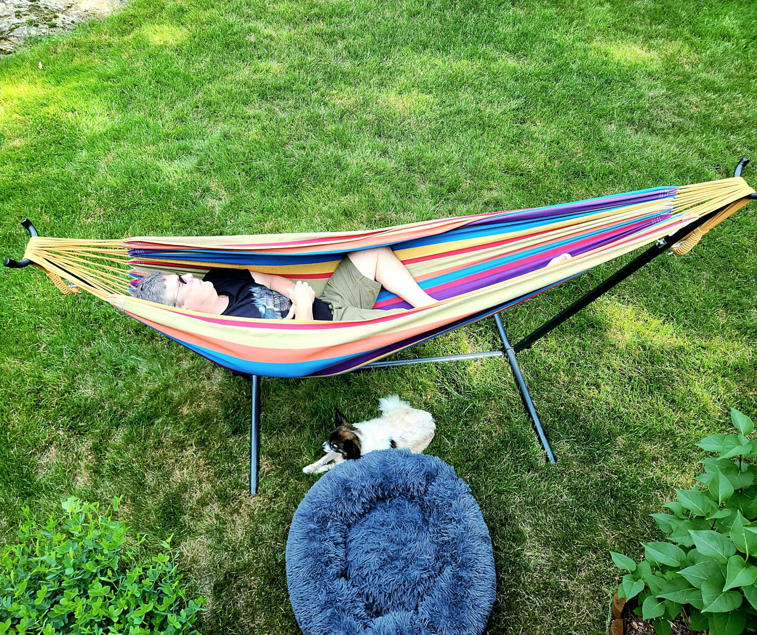 Vivere Double Cotton Hammock with Space Saving Steel Stand, Upgraded Polyester End Strings 450 lb Capacity - Premium Carry Bag Included - USA Grown Cotton (Tropical) customer photo 1