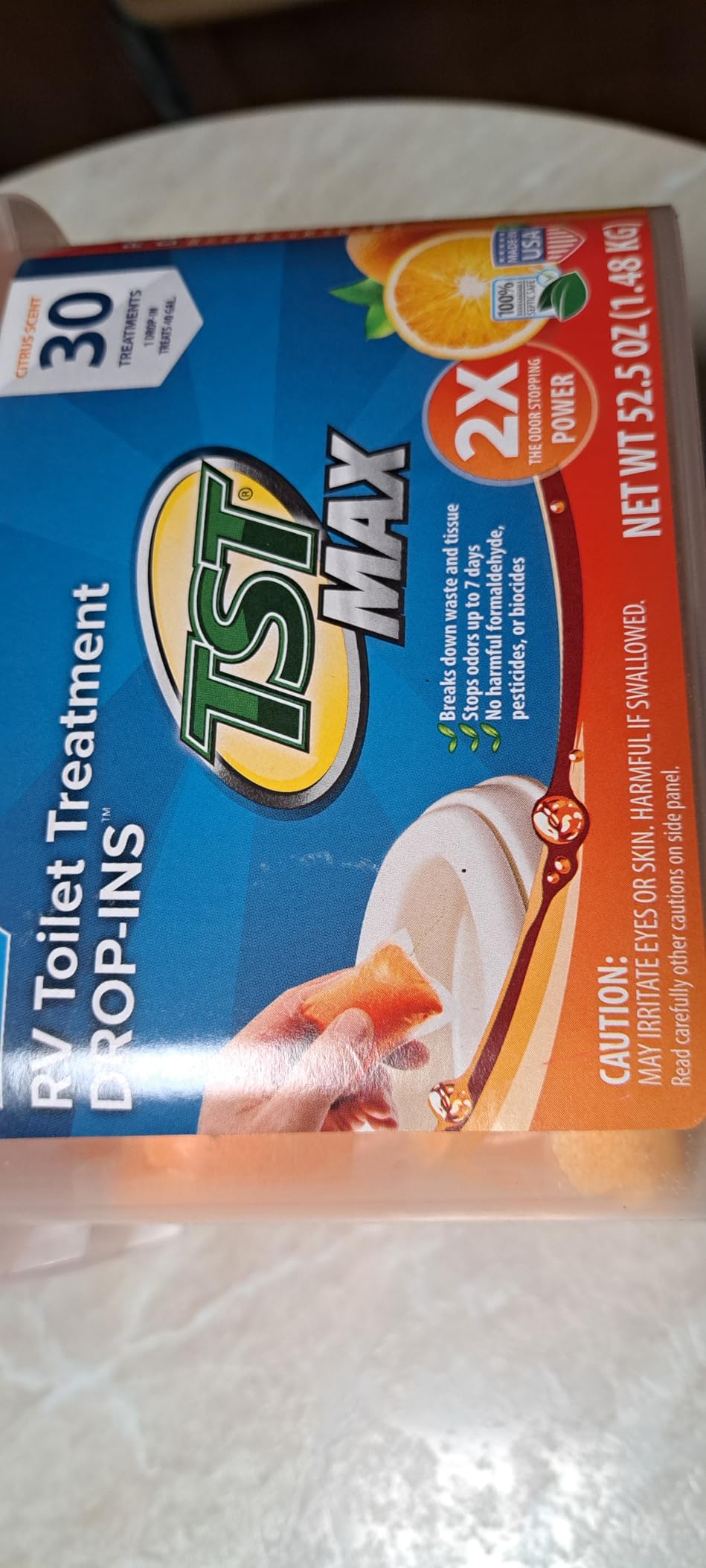 Camco TST MAX RV Toilet Treatment Drop-INs - Control Unwanted Odors & Break Down Waste and Tissue - Safe Septic Tank Treatment - Orange Scent, 30-Pack (41183) customer photo 2