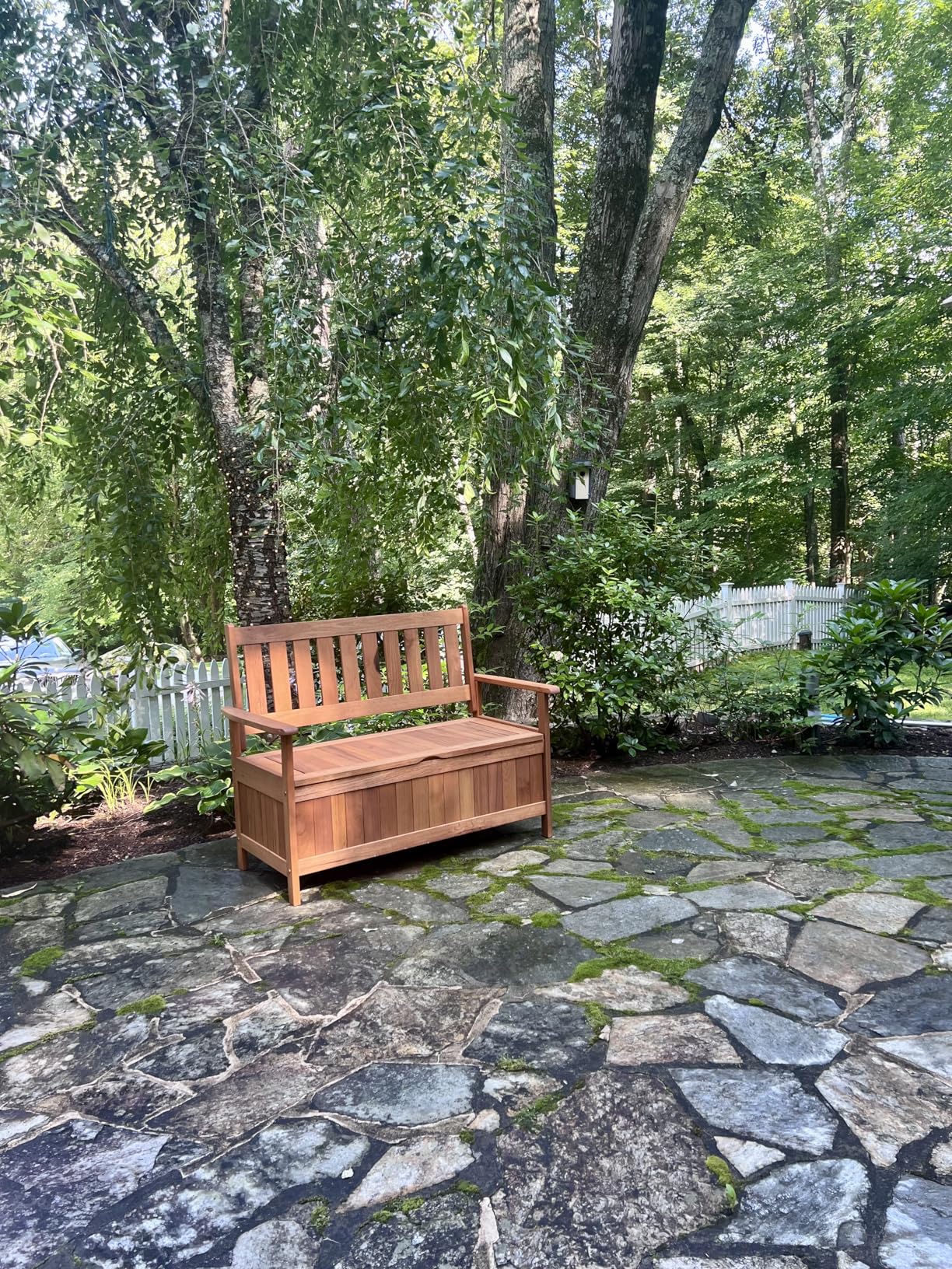 Tangkula Outdoor Wood Storage Bench Deck Box, Entryway Porch Storage Bench with Inner Removable Dust-Proof Lining and Portable Handles, Eucalyptus Wood Loveseat for Garden, Lawn, Balcony and Yard customer photo 2