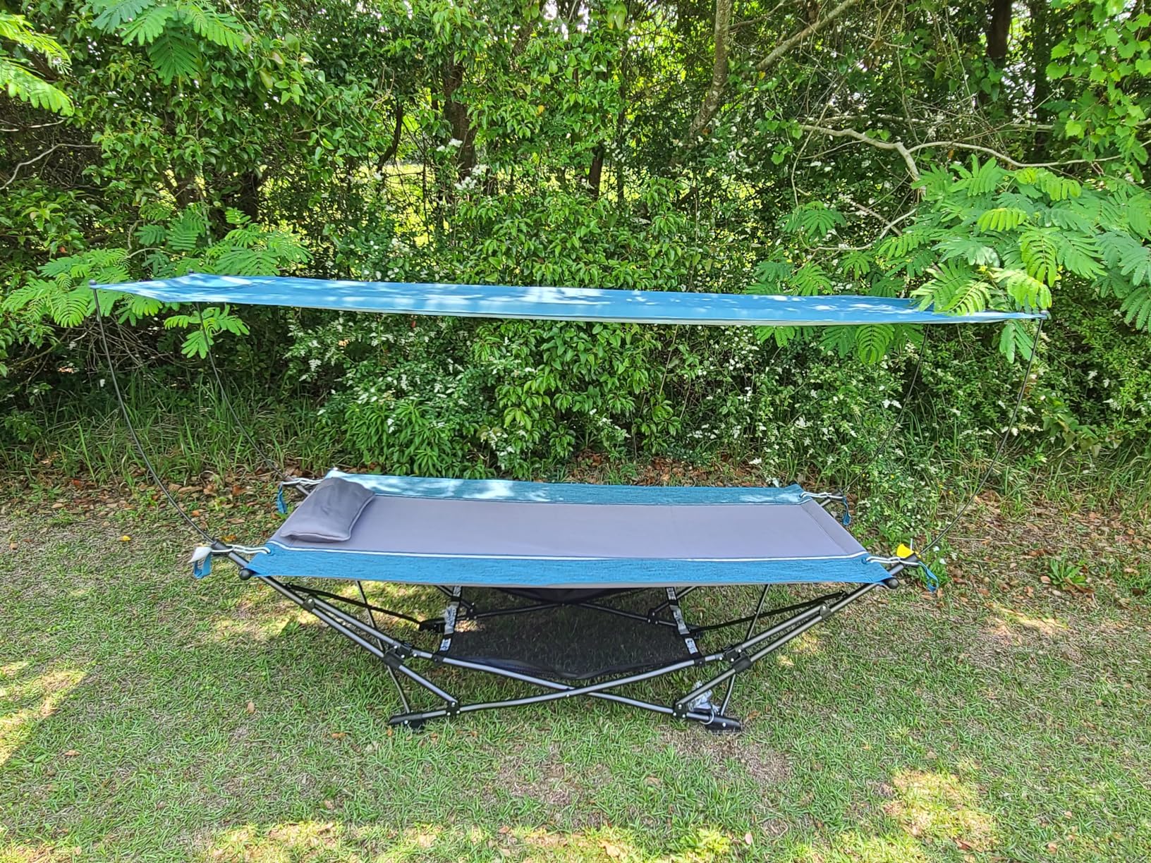 MacSports Collapsible Portable Folding Hammock with Removable Canopy - Includes Pillow and Mesh Storage Net, Freestanding, Heavy Duty, Outdoor Hammock (Teal) customer photo 2
