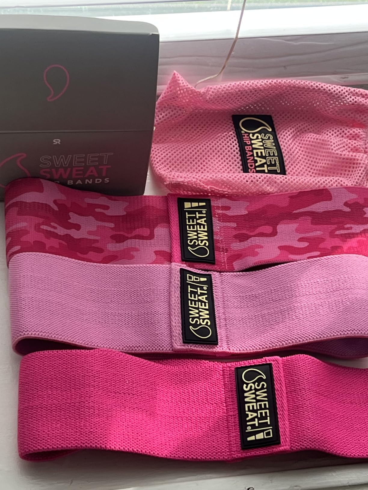 Sweet Sweat Hip Bands with 3 Levels of Resistance | Non-Slip Fabric Booty Bands for Squats & Lunges | Includes Free Mesh Carrying Bag customer photo 1