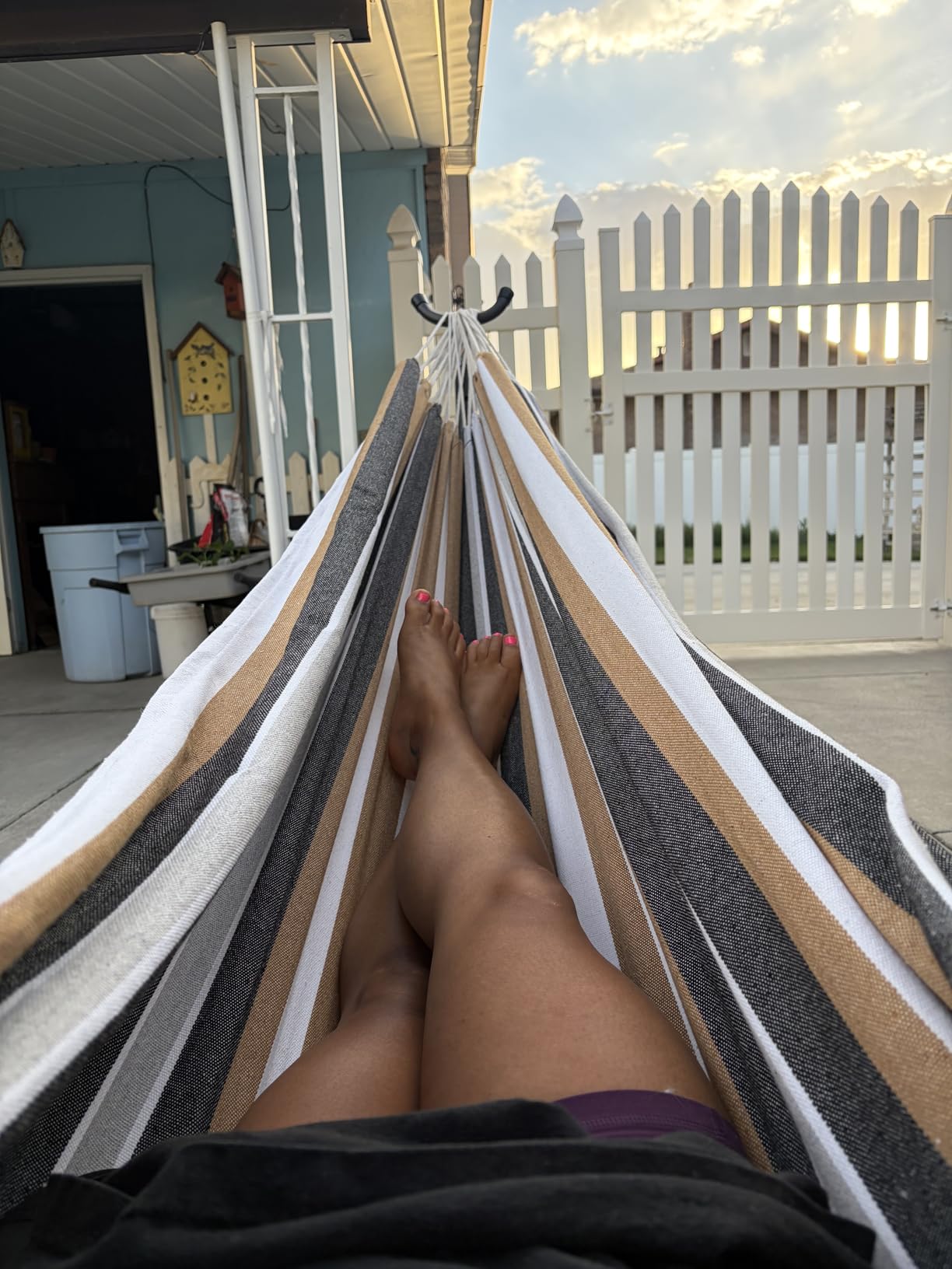 Amazon Basics Double Hammock with 9-Foot Space Saving Steel Stand and Carrying Case, 2 Person, 450 lb Capacity, Cotton Polyester, Oasis Stripe, 110