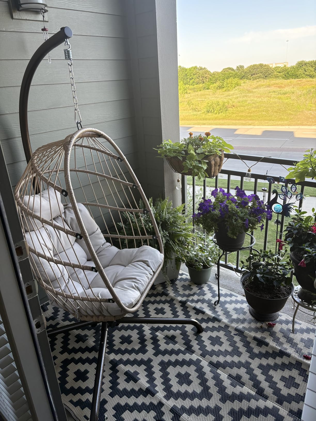 NICESOUL Hanging Egg Chair with Stand Indoor Outdoor, Comfy Patio Rattan Swing Hammock Chairs with Cushion, 350lbs Capacity Egg Shaped Chair for Lawn Backyard Balcony Bedroom, Birthday Gift, Beige customer photo 2