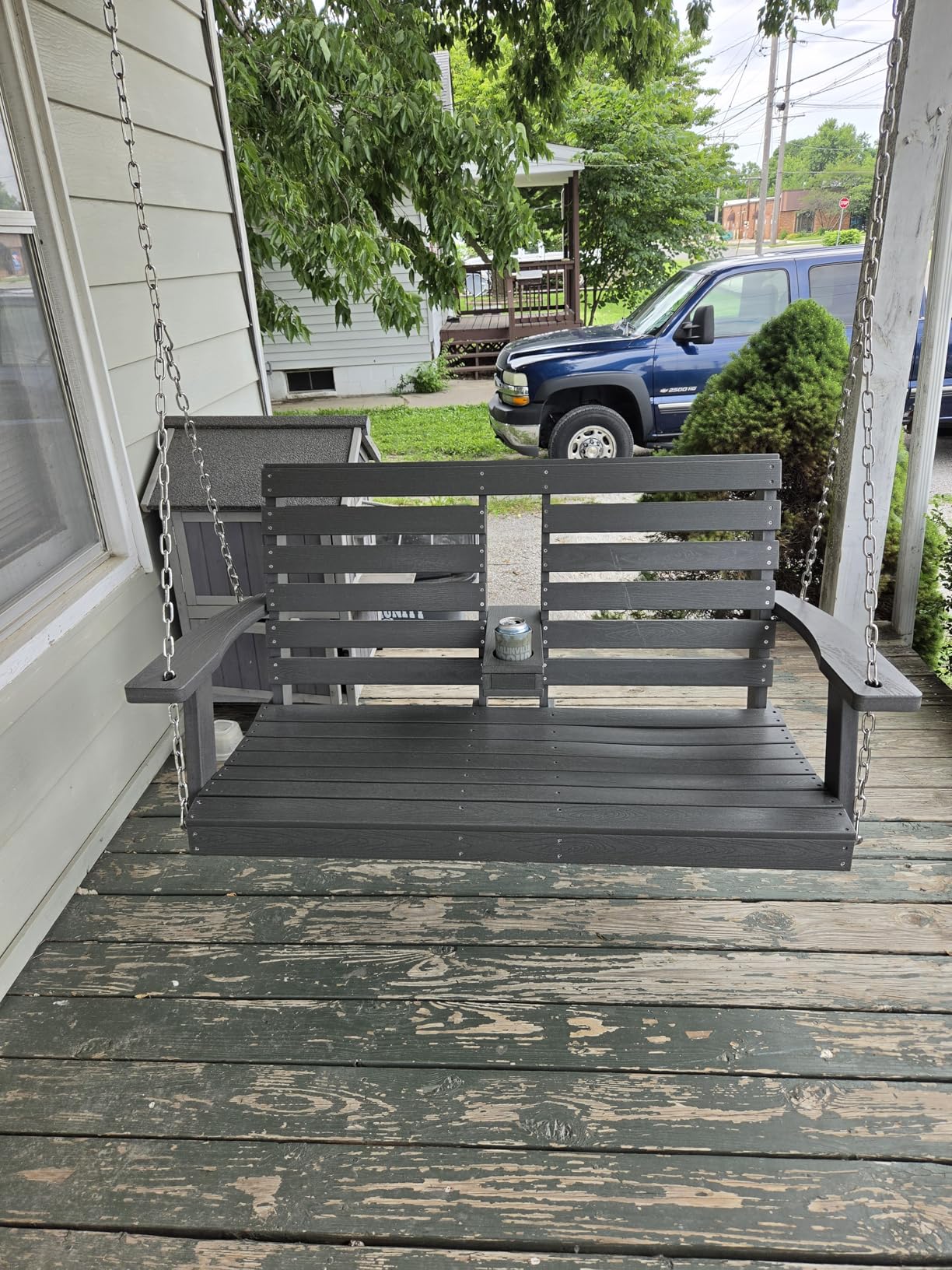 KINGYES Outdoor Hanging Porch Swing, 2 Seat Patio Swing Recliner with Cup Holders, Waterproof Swing Recliner Bench for Courtyard & Garden, 660LBS Weight Capacity, Black customer photo 1