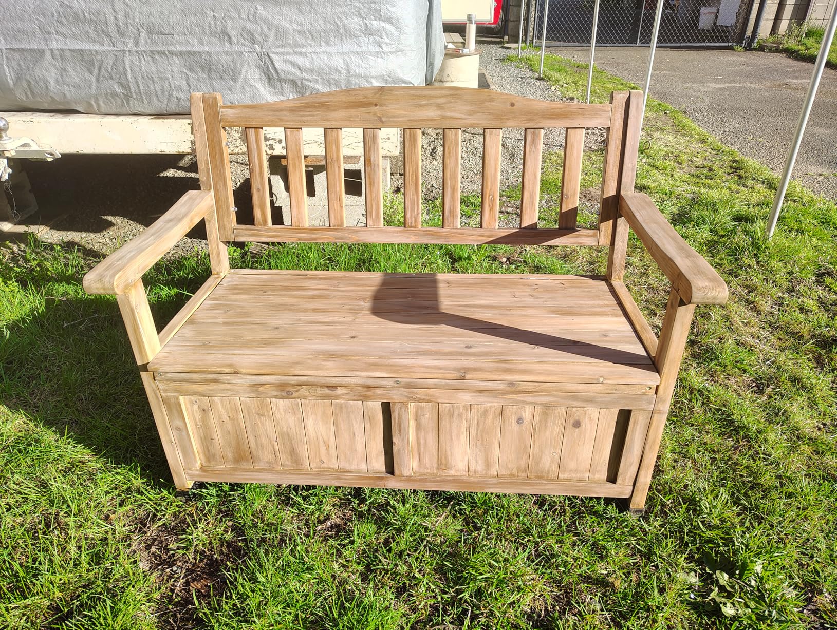 Outvita Outdoor Wood Storage Bench, Wooden Large Deck Box with Seating and Armrest, Waterproof Patio Organizer Loveseat for Garden Porch Deck Backyard Poolside, Natural customer photo 1