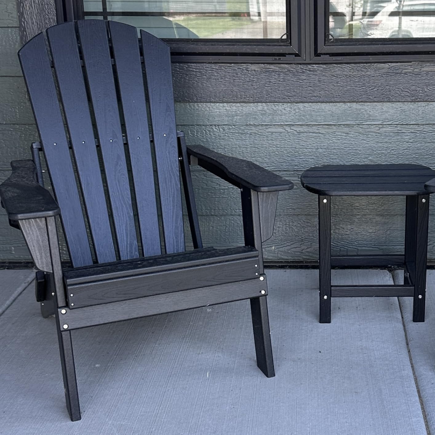 Plawdlik Folding Adirondack Chair, SGS Tested, Wooden Textured with Cup Holder, Heavy All-Weather HDPE Comfortable Set Poolside Backyard Lawn Black customer photo 2