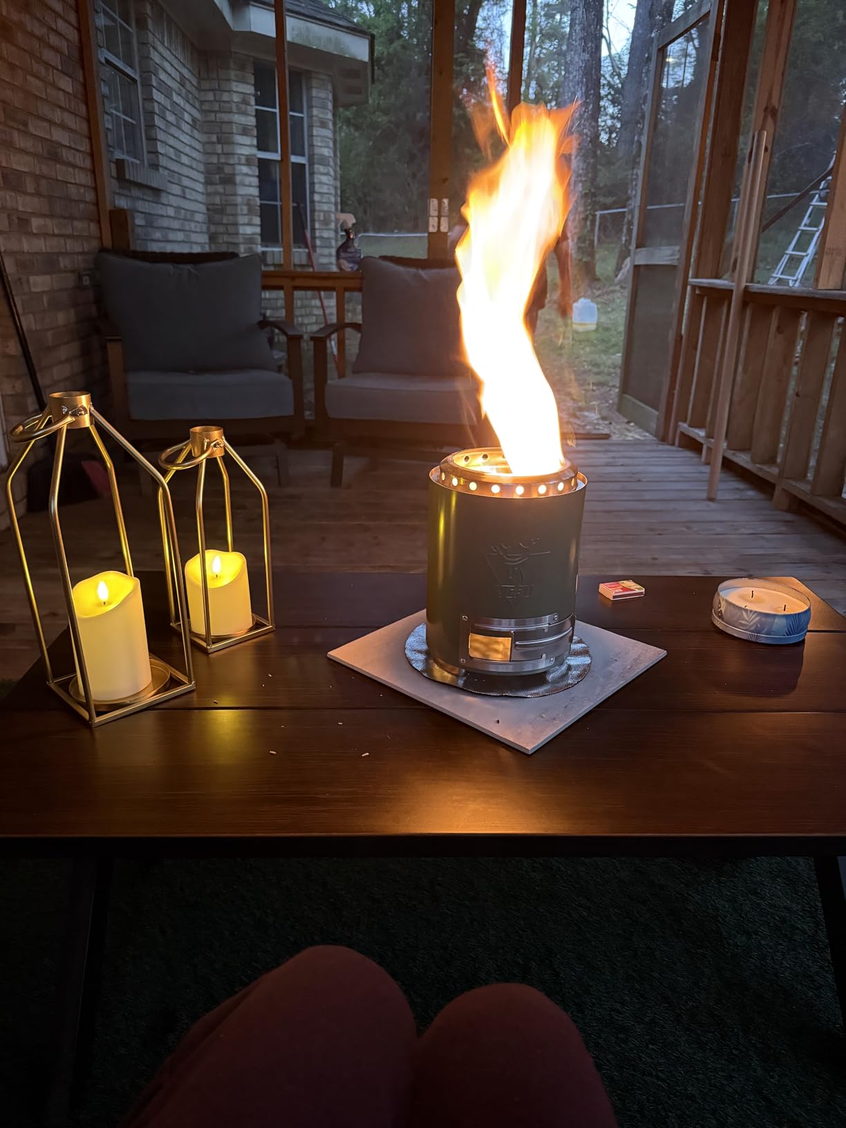 YEFU Tabletop Fire Pit 9.7 x 7.1 in, Flame Intensity Control Camping Stove for Outdoor & Patio, Fueled by Pellets or Wood, Safe Burning Table Top Firepit, with Travel Bag & 2 Mini Sticks, Silver customer photo 1