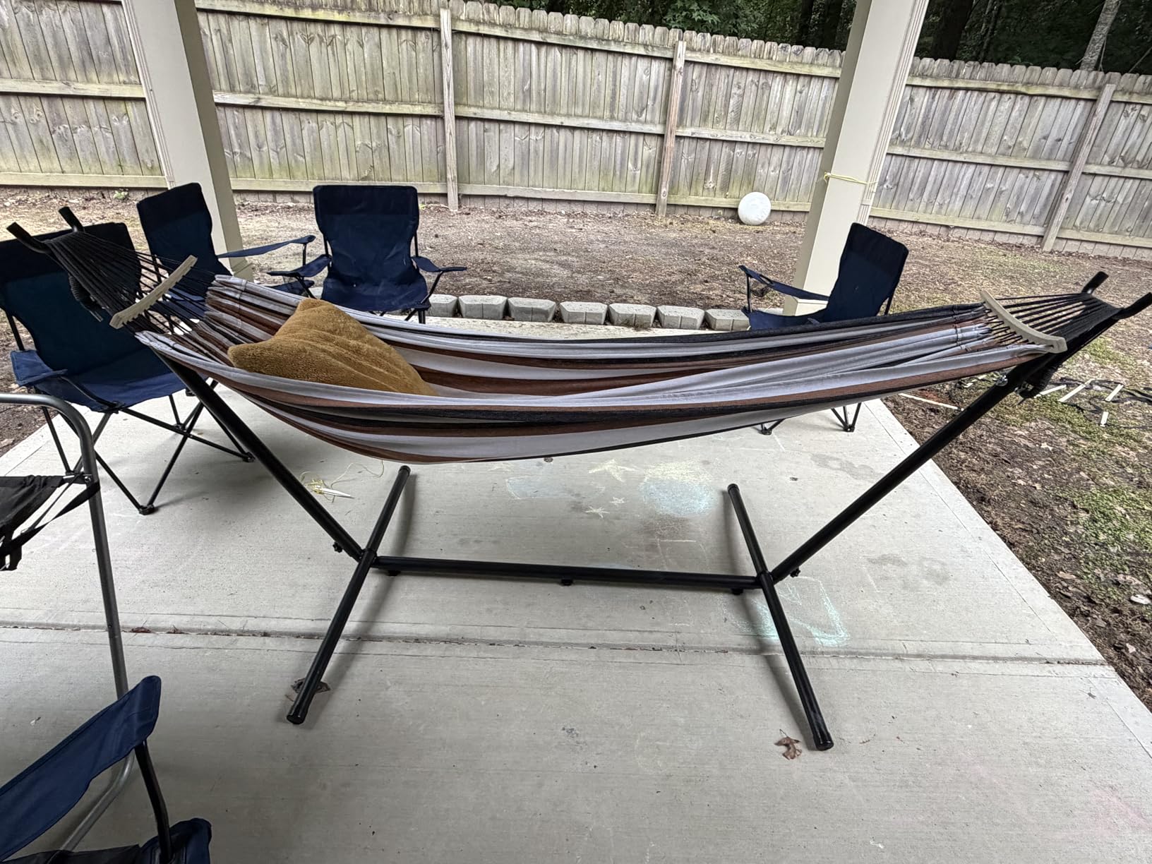 SZHLUX Double Hammock with Stand Included 450lb Capacity Steel Stand, Premium Carry Bag Included and Two Anti Roll Balance Beam, Portable Hammock with Stand for Backyard, Camping, Garden Brown Stripes customer photo 2