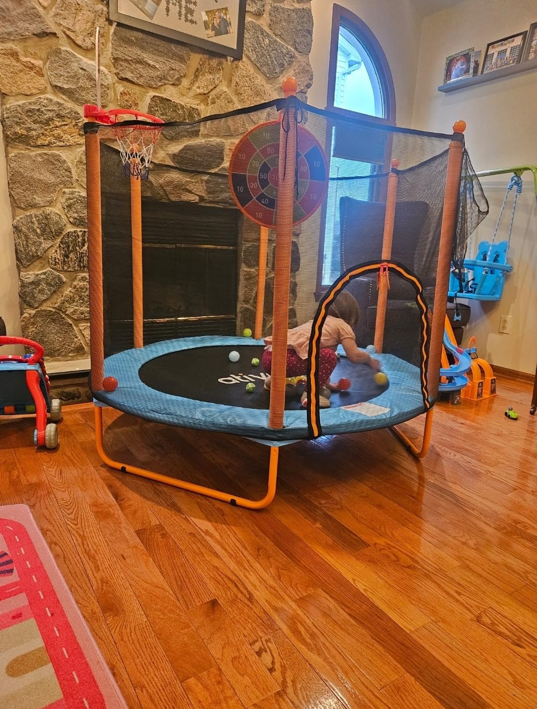 Ativafit 60'' Rebounder Trampoline Indoor Outdoor for Kids Ages 1-8, 5 FT Recreational Toddler Trampoline with Safety Enclosure Net Gifts with Basketball Hoop Dartboard Ocean Ball customer photo 2