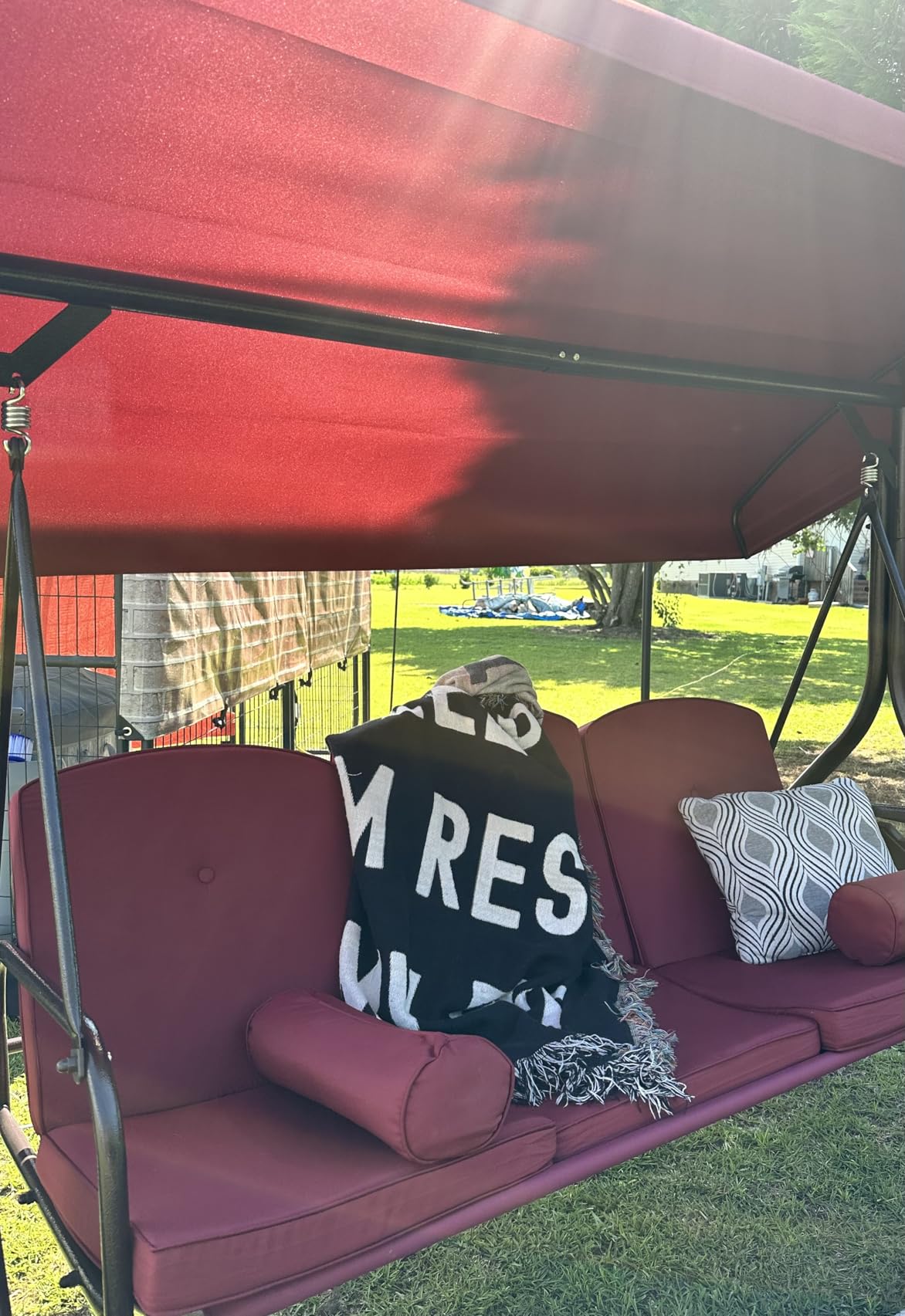 HOMREST 3 Seat Outdoor Porch Swing with Adjustable Canopy, Convertible Patio Swing Bed with Stand, Patio Glider Swing with Upgraded Cup Holder, Thicken Cushions and Pillow for Backyard (Brown) customer photo 1