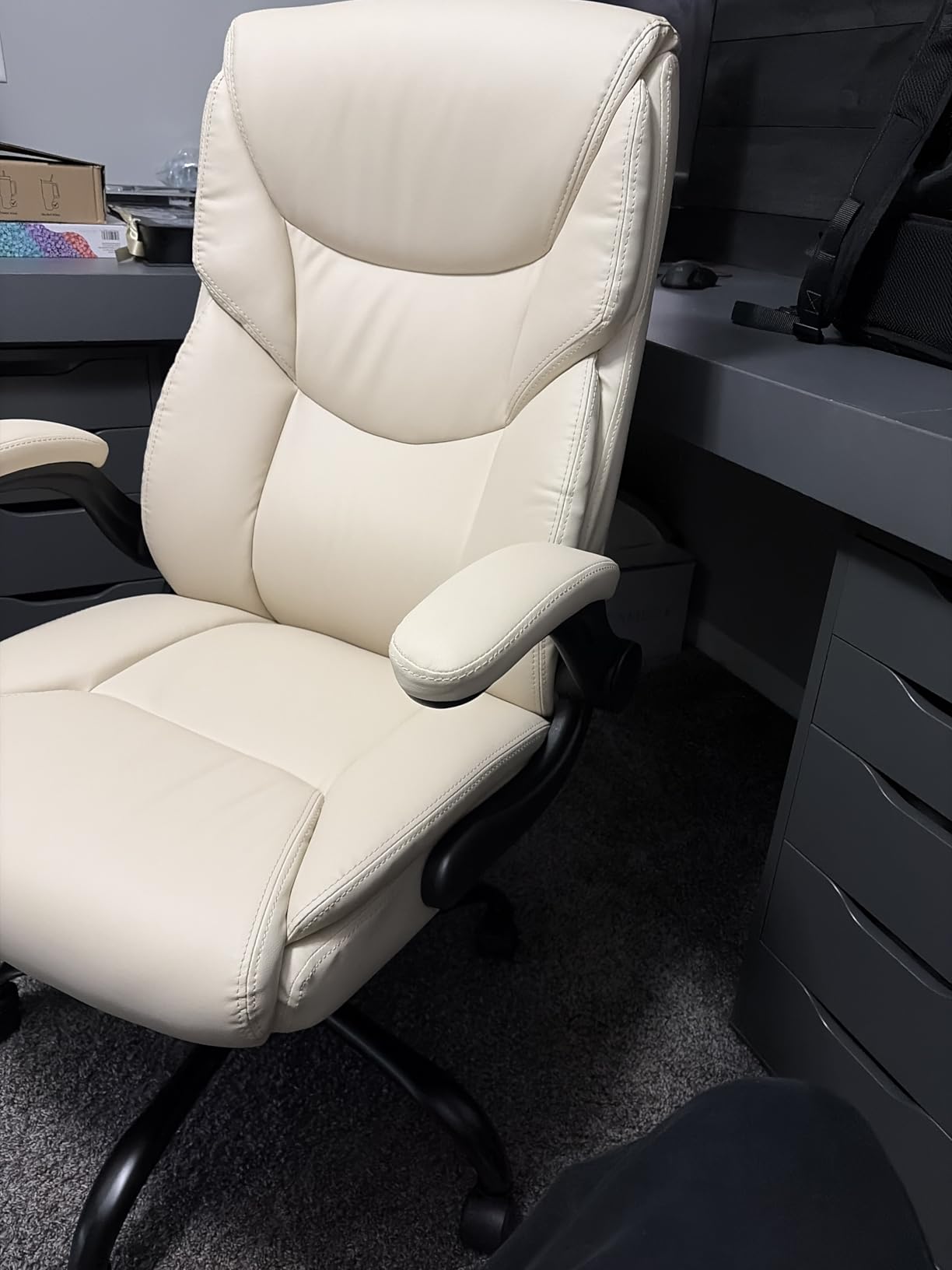 Sweetcrispy Ergonomic Office Chair - Heavy Duty Task Desk Chair with Flip-up Armrest, PU Leather, Height Adjustable & Swivel Rolling Chair with Wheels, Beige customer photo 2