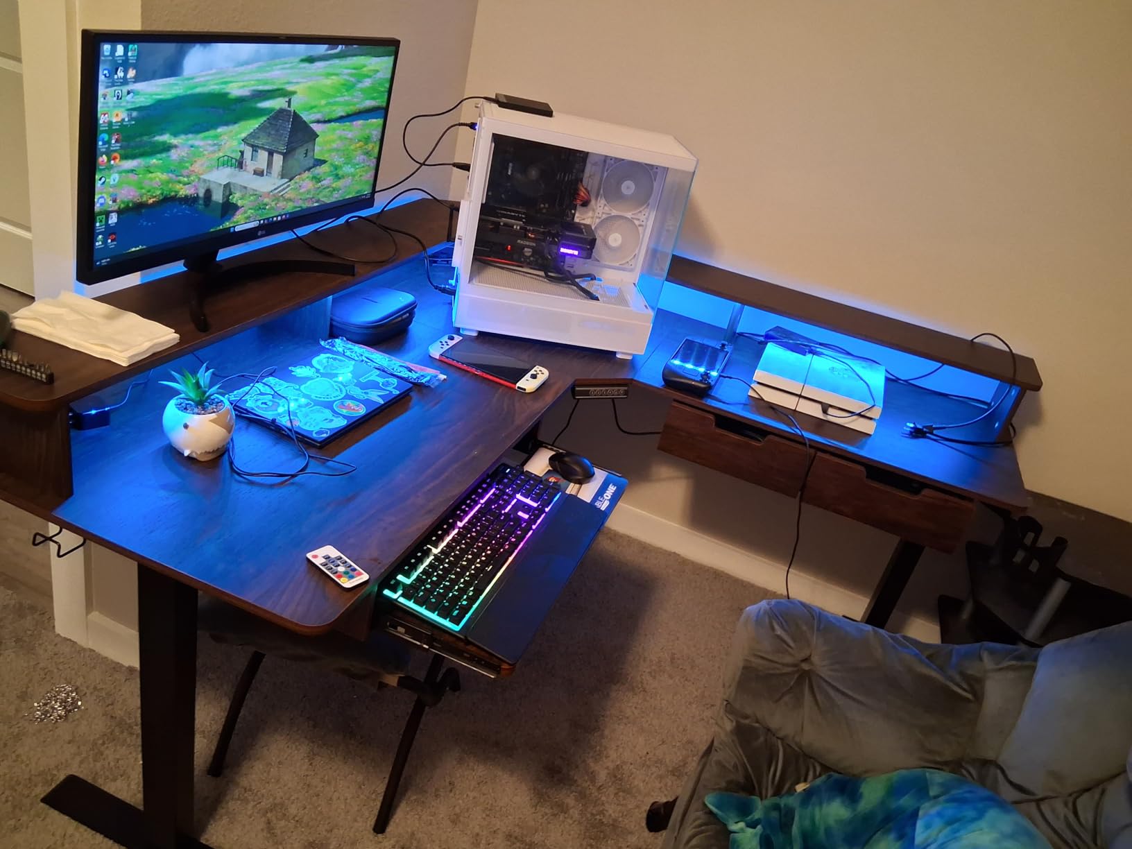 RedLemon 60 Inches L Shaped Electric Standing Desk, Height Adjustable Corner Gaming Desk with Drawers, Power Outlets & LED Lights, Computer Desk with Monitor Shelf, Carbon Fiber Black customer photo 1