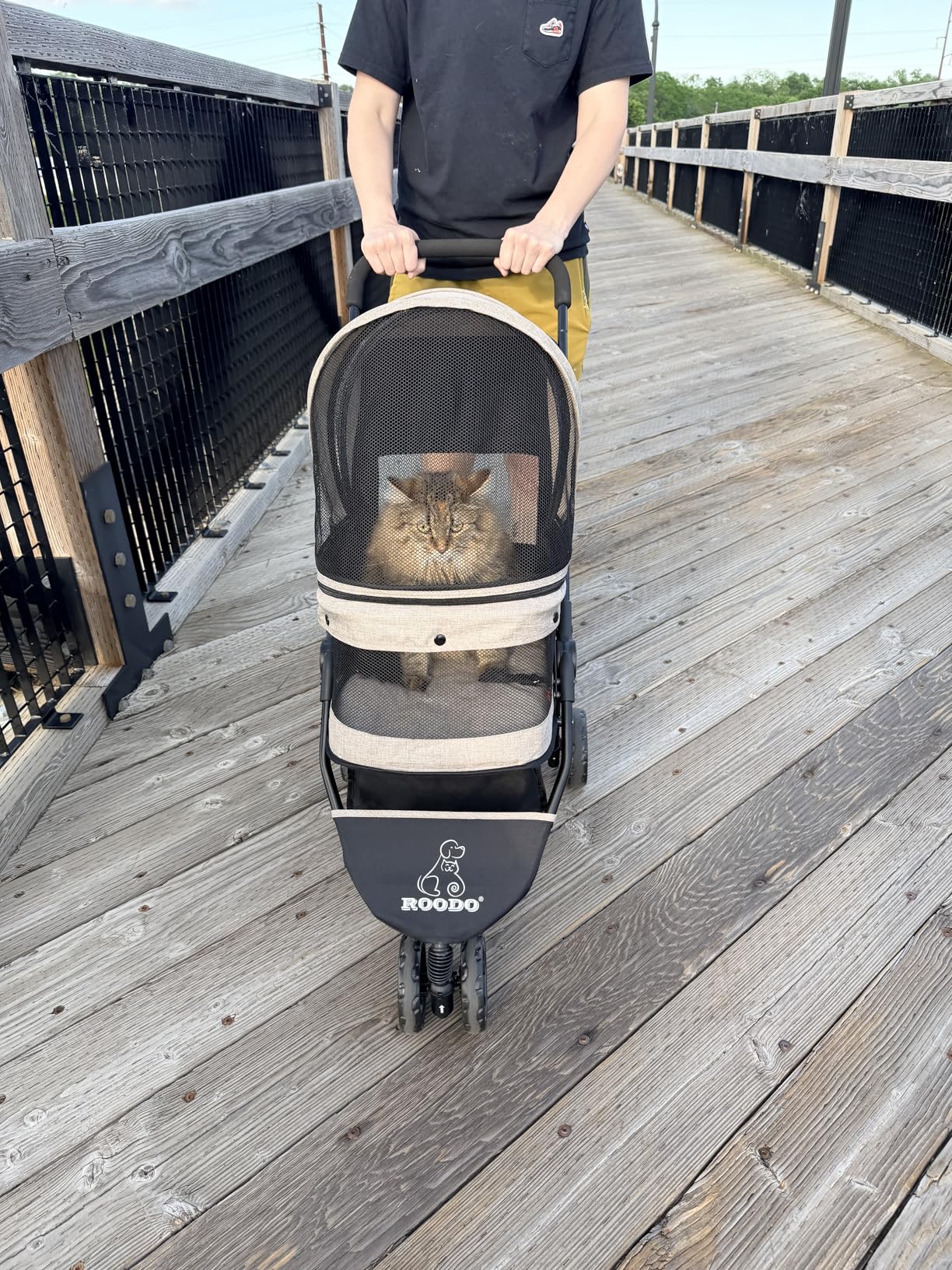 ROODO 3 Wheel Dog Pet Cat Stroller Best Lightweight Foldable Compact Portable Jogger All Terrain Travel Pet Gear Puppy Kitty Stroller for up to 30lbs Medium Small Dogs and Cats(Light Khaki) customer photo 1