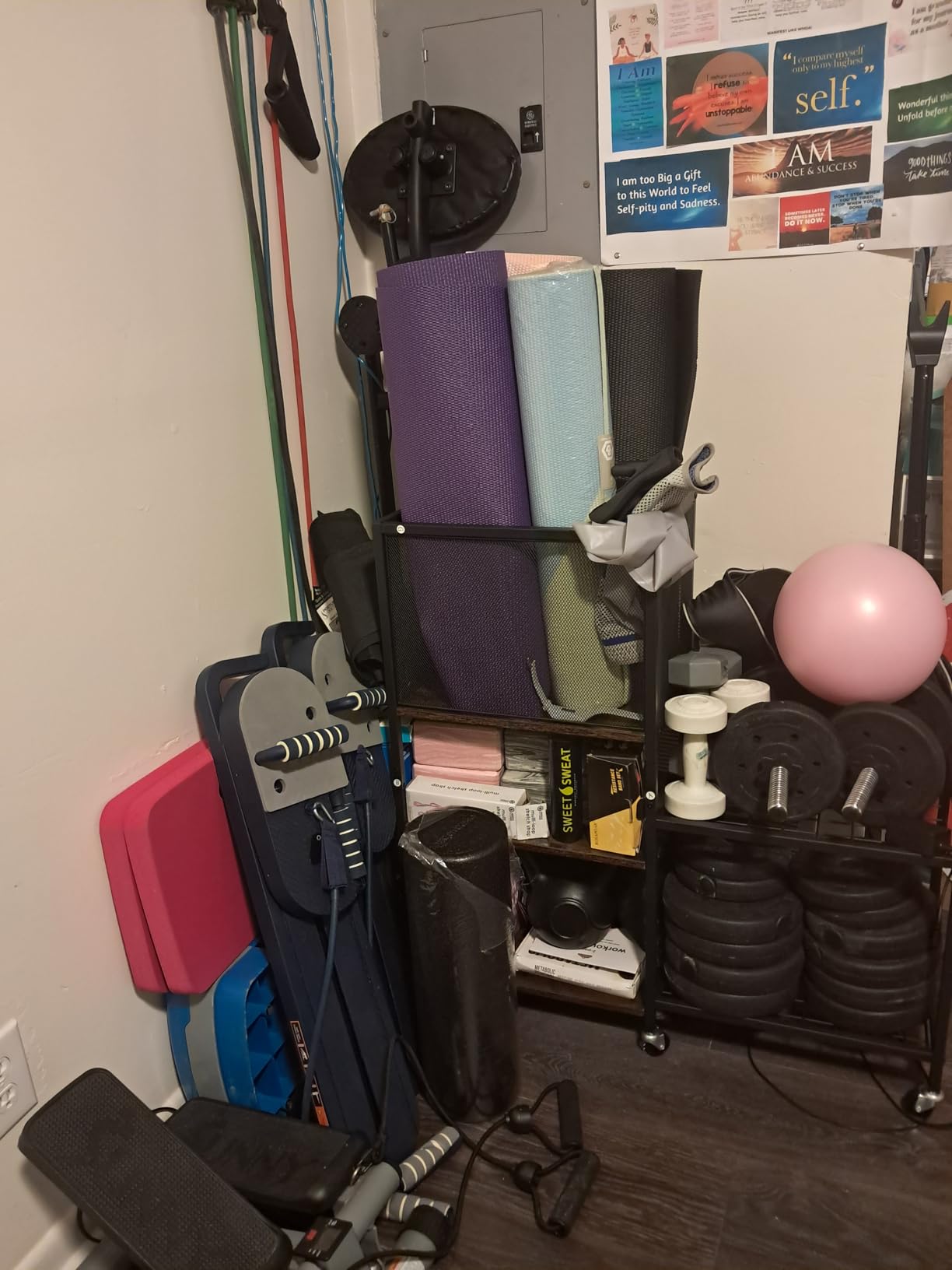 Dumbbell Rack, Yoga Mat Storage Holder, Home Gym Storage Rack, Workout Equipment Storage Organizer, Weight Storage Holder Rack with Hooks and Wheels customer photo 2