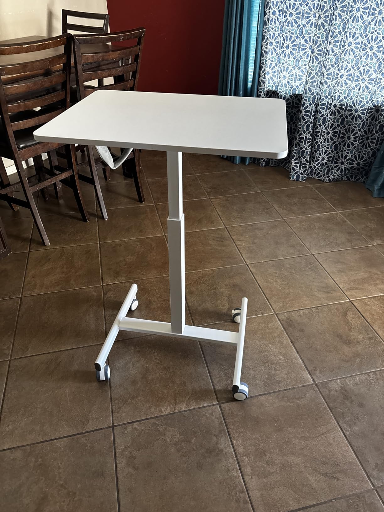 DUMOS Small Standing Desk Mobile Portable Rolling Laptop PC Table on Wheels Adjustable Height Computer Workstation for Home Office, Compact Small Space, Easy Assembly, 19 Inch, Modern White customer photo 2