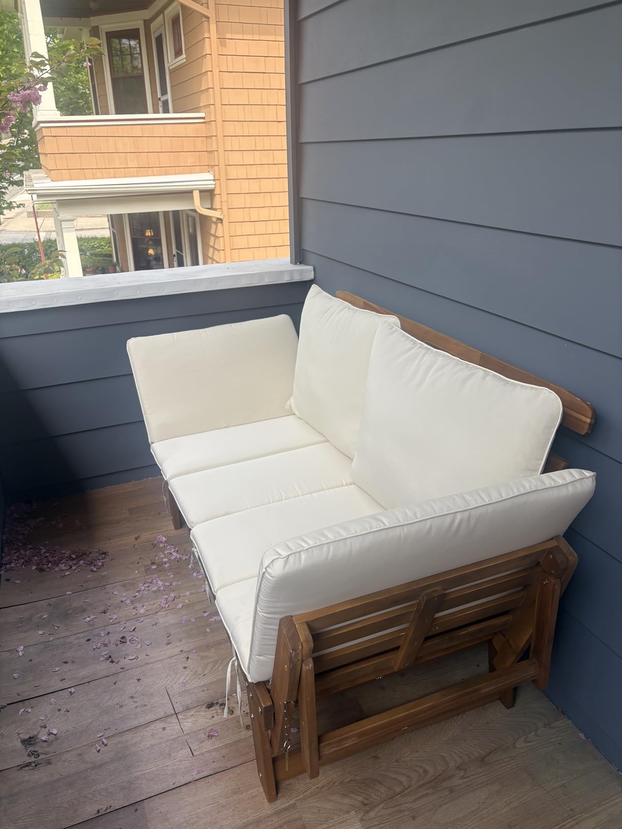 Devoko Outdoor Couch Acacia Wood Patio Couch with Adjustable Armrests, Outdoor Convertible Sofa with Removable Cushions & Pillows for Patio, Porch, Poolside (White) customer photo 2