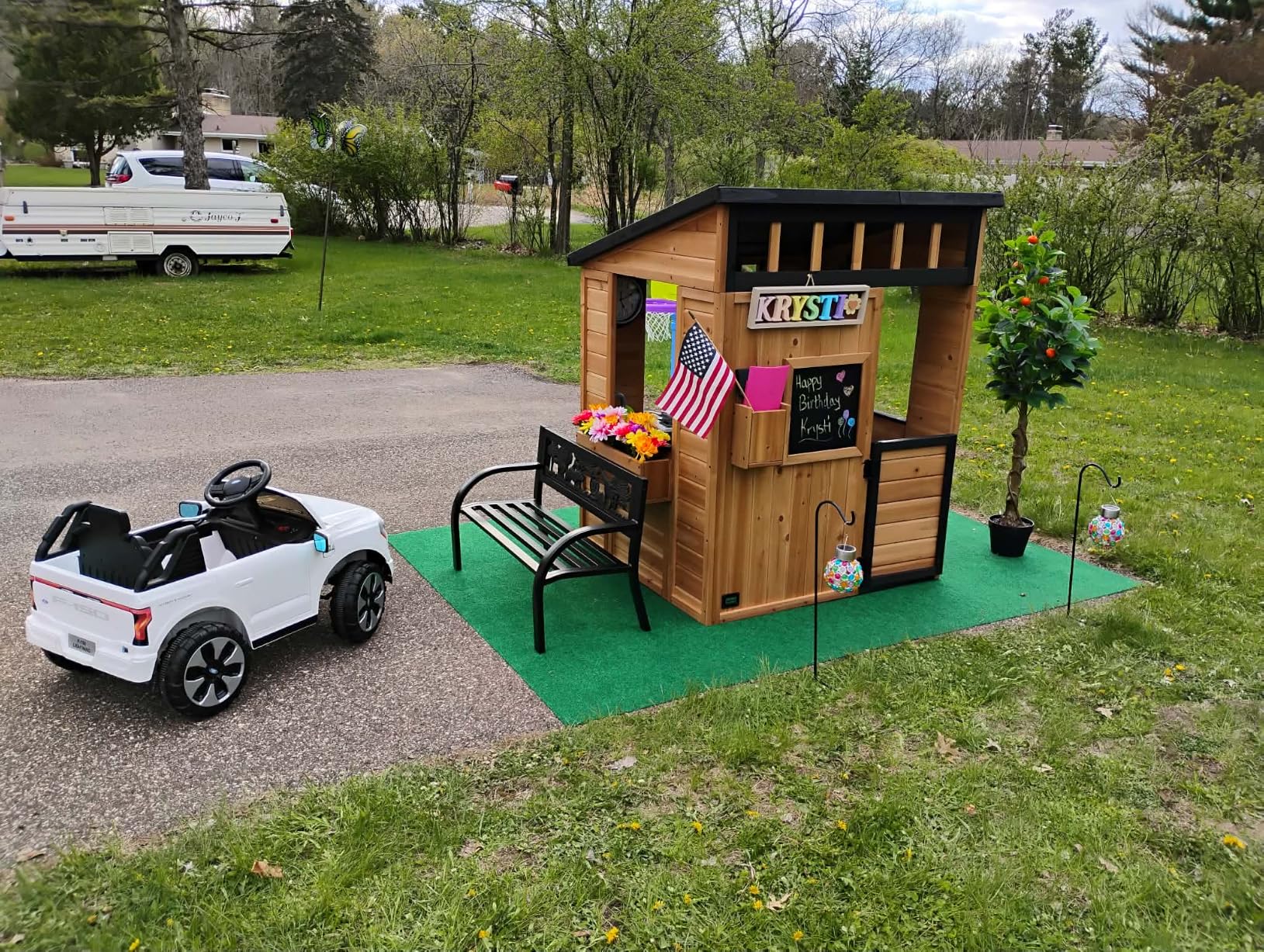 Backyard Discovery Caraway Cottage Cedar Wooden Kids Playhouse with Play Kitchen, Chalkboard, Mailbox, Half Door, Windows, Flower Box customer photo 1