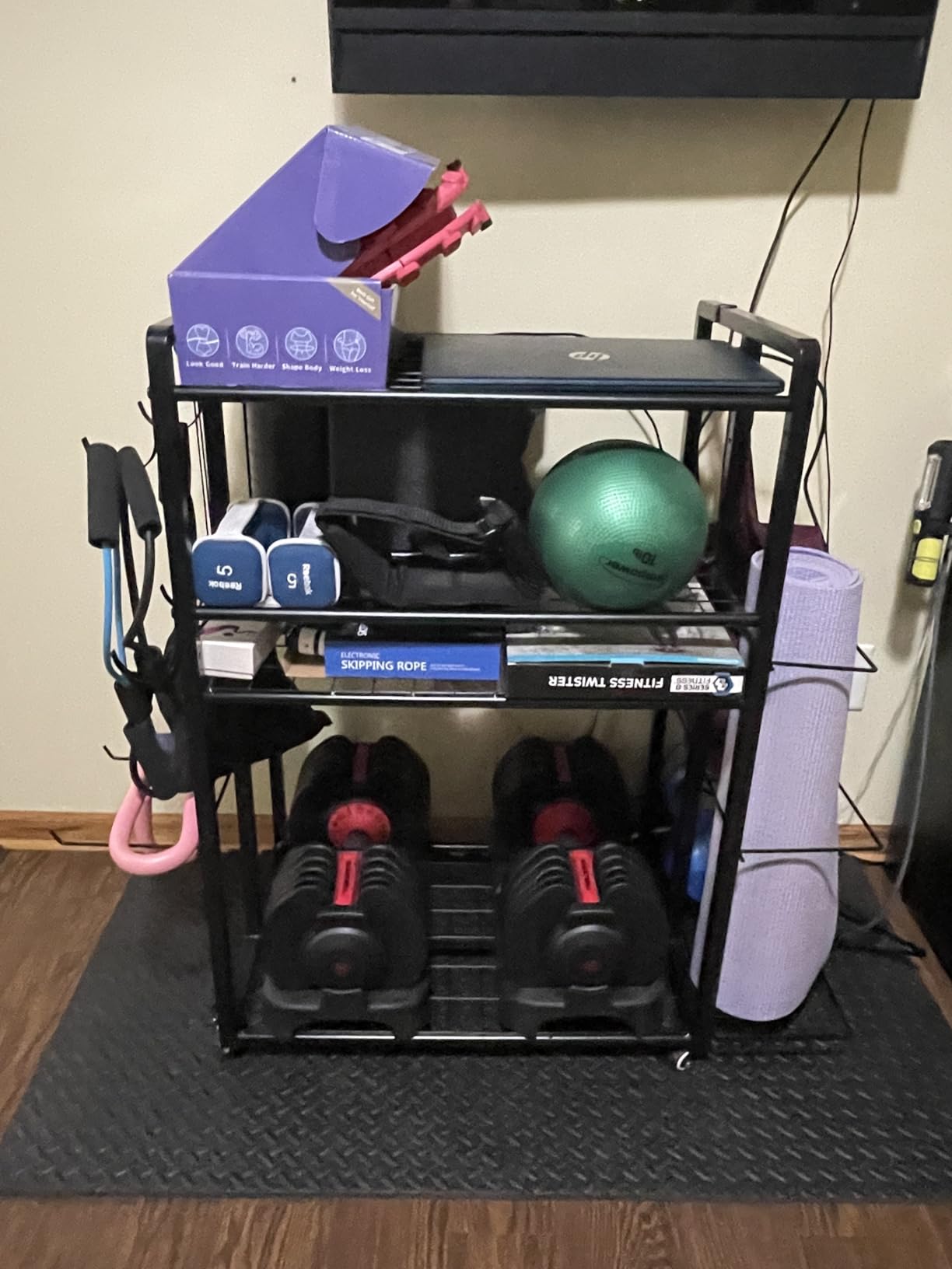 4-Tier Dumbbell Rack Stand Only, Adjustable Weight Rack for Dumbbells Kettlebells Yoga Mat, Home Gym Storage Rack with Wheels and Hooks, Powder Coated Finish customer photo 1