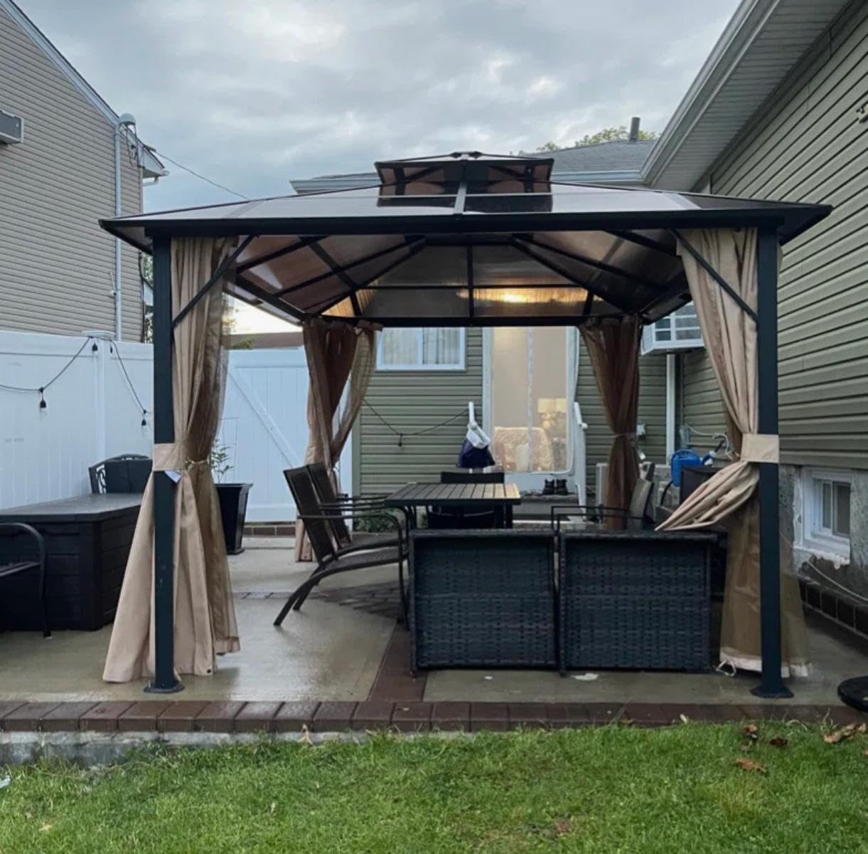 Aoxun 12'x10' Hardtop Gazebo, Aluminum Frame Permanent Pavilion with Curtains and Netting, Outdoor Polycarbonate Double Roof Canopy, Designed for Garden, Lawns, Patio, Brown customer photo 1