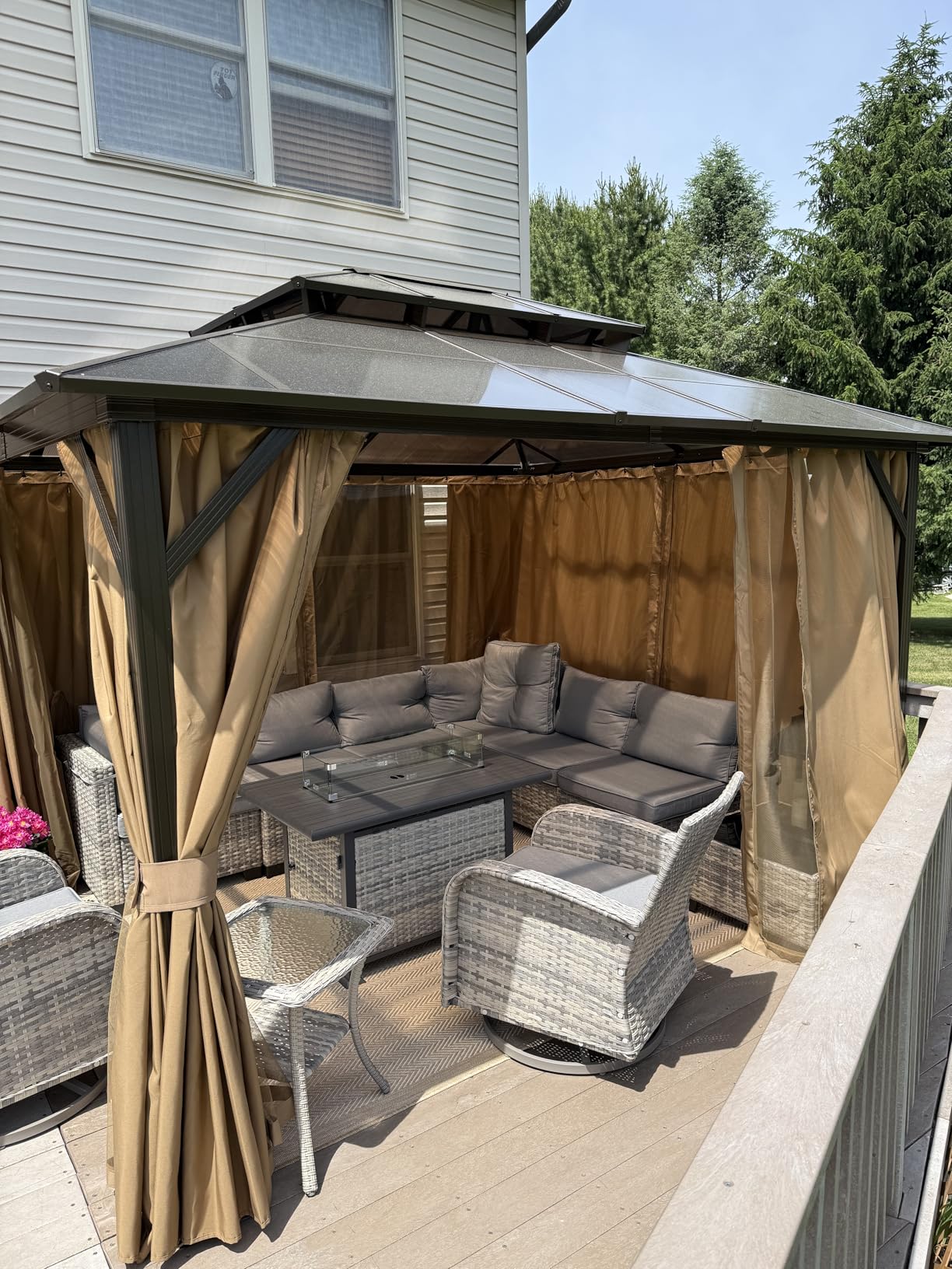 Aoxun 12'x10' Hardtop Gazebo, Aluminum Frame Permanent Pavilion with Curtains and Netting, Outdoor Polycarbonate Double Roof Canopy, Designed for Garden, Lawns, Patio, Brown customer photo 2