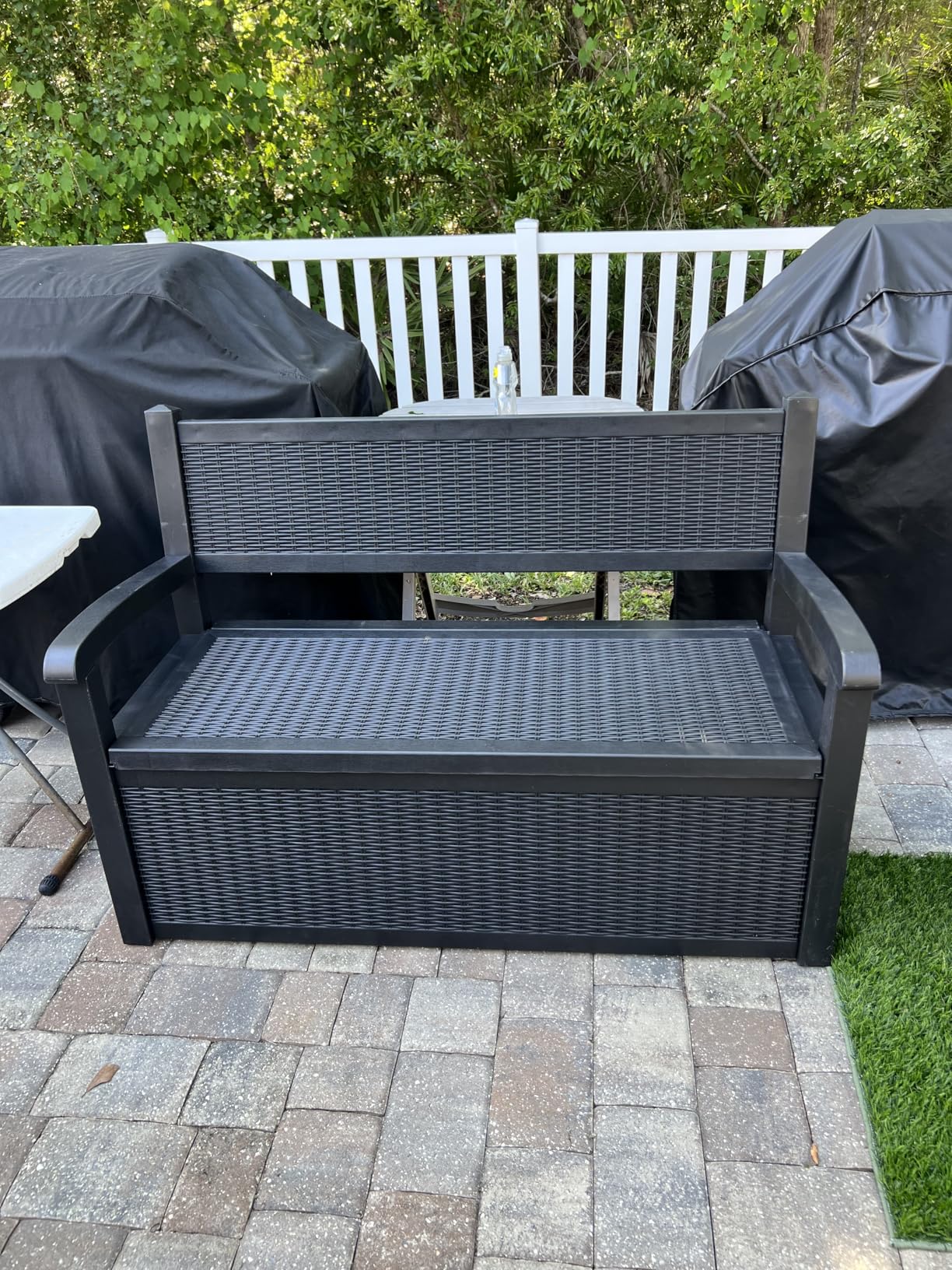 PatioZen 80 Gallon Outdoor Storage Bench Deck Box Waterproof Lockable, Outdoor Storage Furniture for Patio, Garden and Porch, Tools and Cushions (Black) customer photo 2