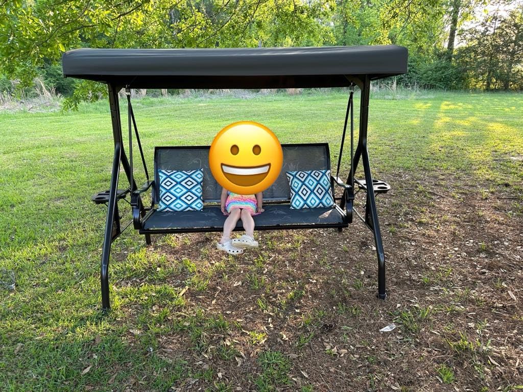 ZZW 3 Person Patio Swing Outdoor Swing for Adults with Adjustable Canopy and Upgraded Cup Holders Textilene Fabric Porch Swing Chair with Stand Heavy Duty 800 LBS customer photo 1