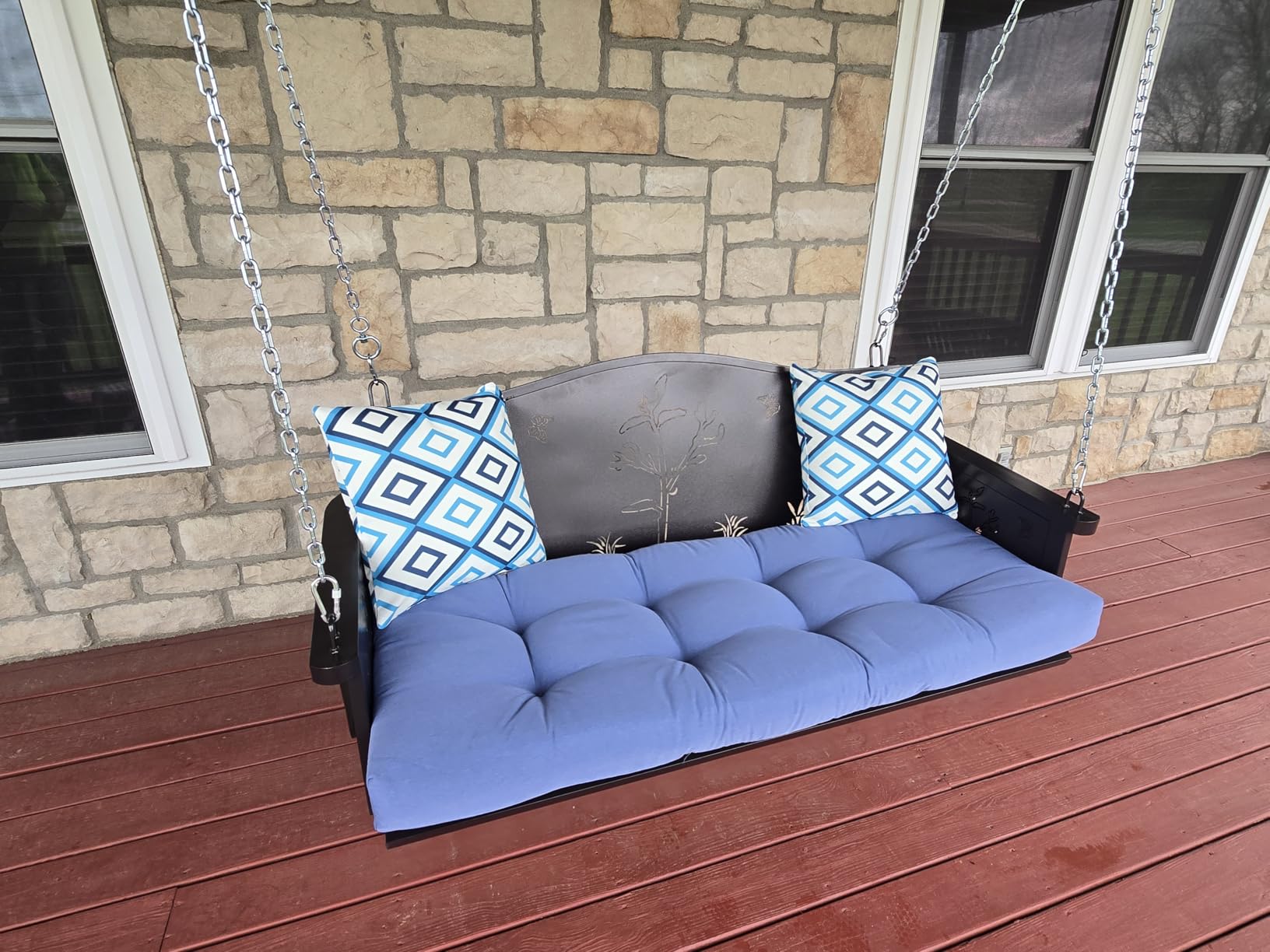 3-Seat Metal Porch Swing 900 LBS Heavy Duty Hanging Bench with Upgraded Tray & Cushions Rust-Resistant Finish Swing Chair with 8.9FT Chains for Patio Lawn Garden customer photo 2