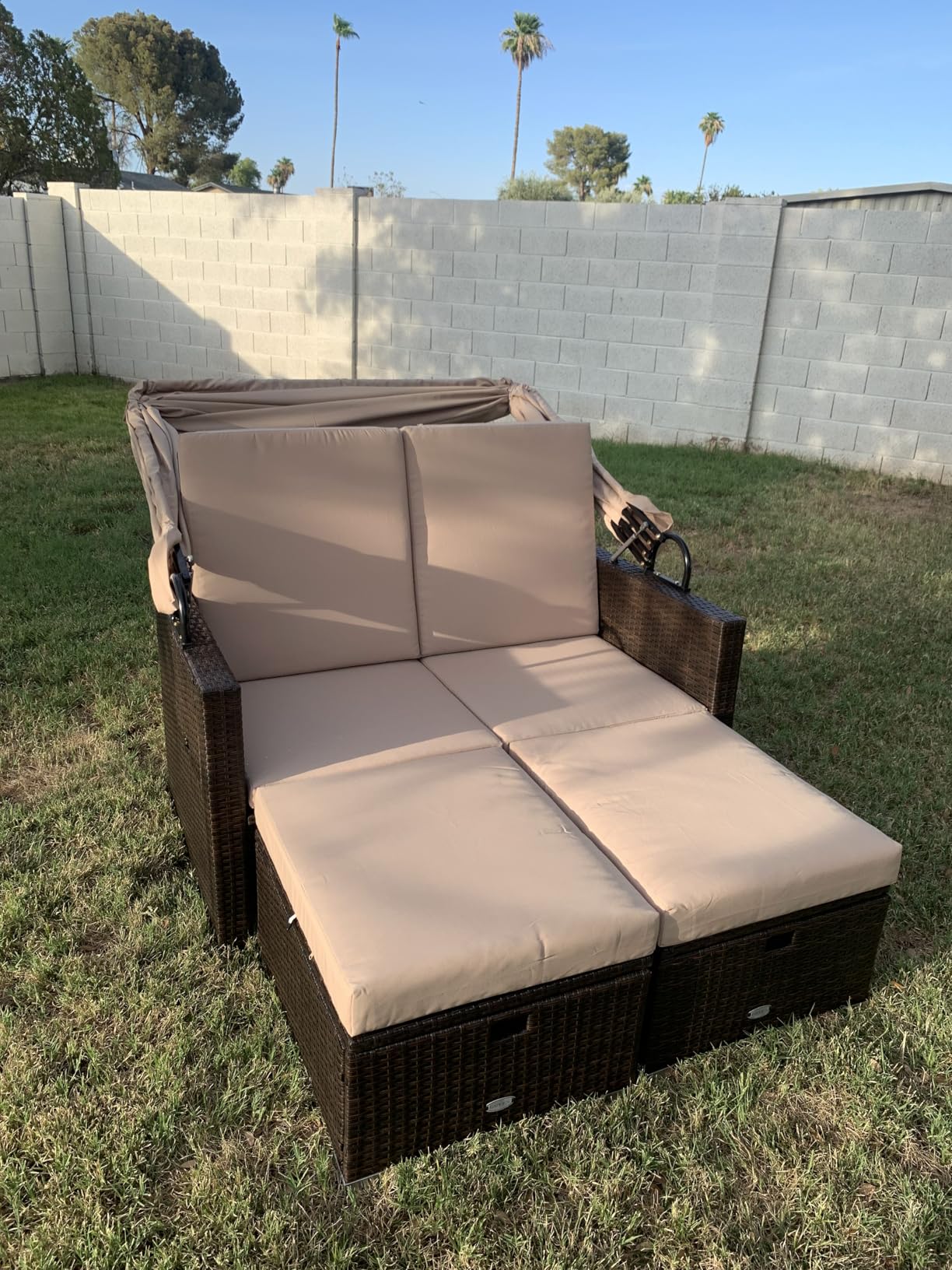 Moccha Outdoor Daybed with Retractable Canopy - Rattan Loveseat Sofa Set w/ Adjustable Backrests, 2 Folding Side Panels, Storage Ottomans, Double Bed Lounger for Garden Patio Furniture Set (Navy) customer photo 1