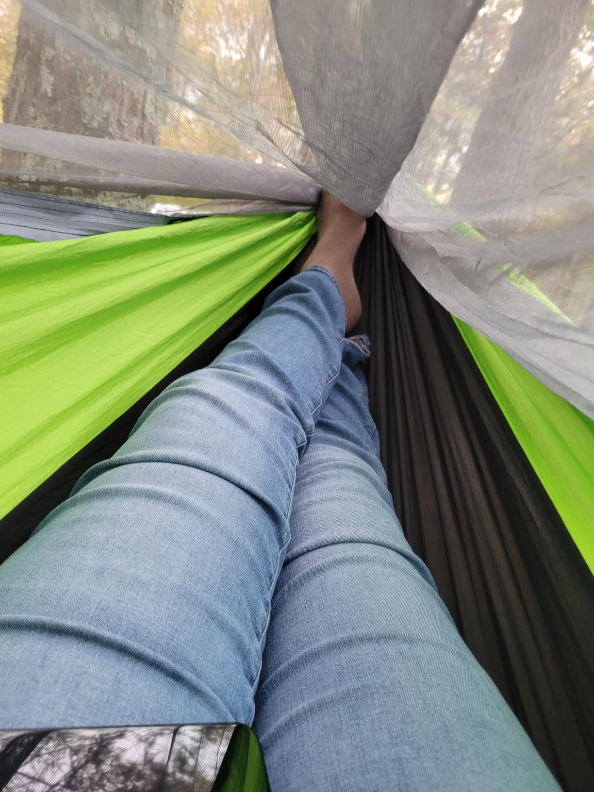Camping Hammock with Net,Portable Lightweight Double Hammocks with Tree Straps and Solid D-Shape Carabiners,Parachute Nylon Hammock for Backpacking Beach Backyard Patio Hiking Blue&Grey customer photo 2