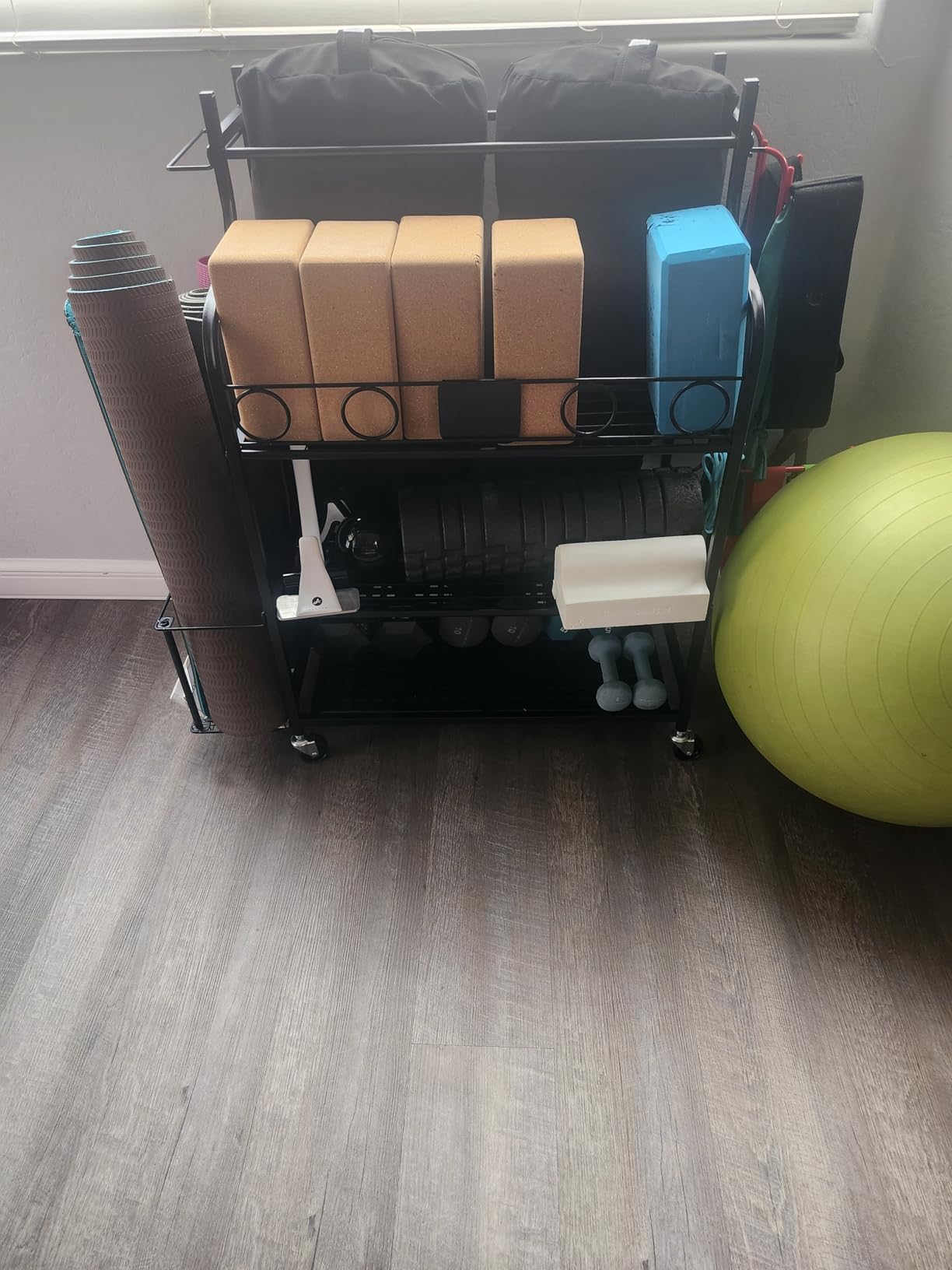 Mythinglogic Yoga Mat Storage Racks, Home Gym Storage Rack for Dumbbells Kettlebells Foam Roller, Yoga Strap and Resistance Bands, Workout Equipment Storage Organizer With Hooks and Wheels customer photo 1