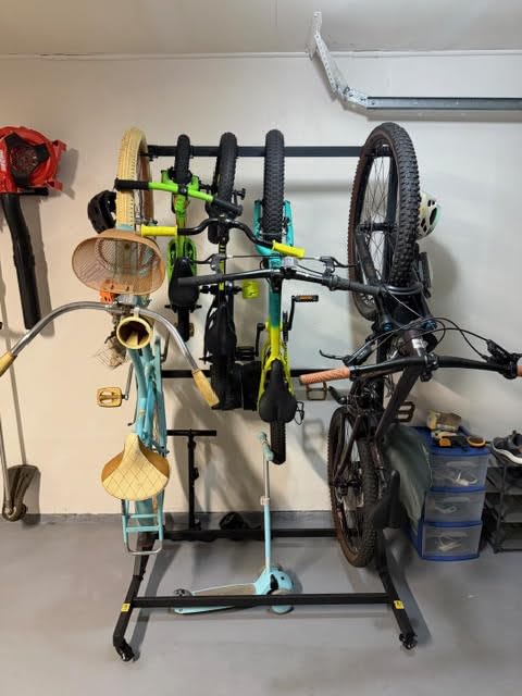 monTEK Freestanding Bike Storage Rack for 5 Bikes, Heavy Duty 350LBS Vertical Bike Stand with 5 Bike Hooks & 6 Helmet Hooks, Indoor and Outdoor Bike Storage Rack with Locking Casters customer photo 2