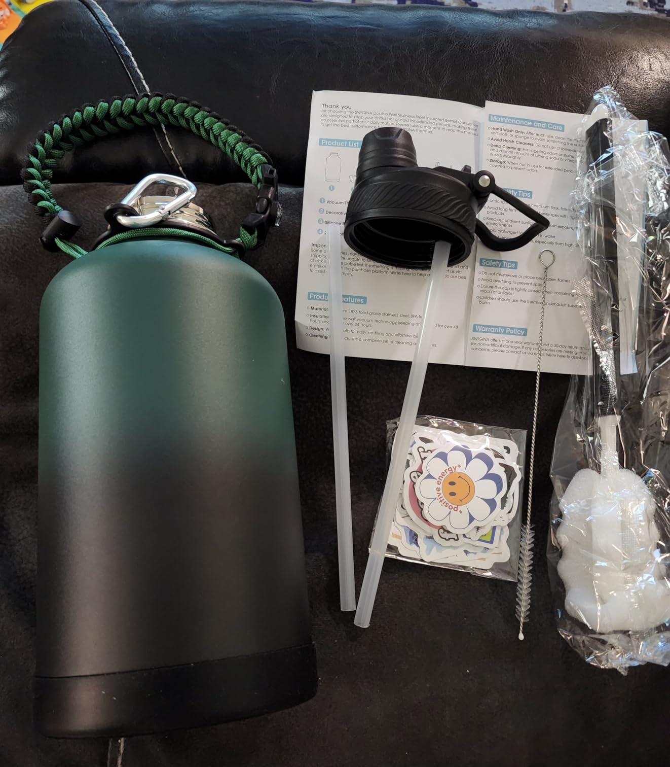 Swigina Insulated Water Bottle with Silicone Boot (36hrs Cold/18hrs Hot) - DIY Stickers, Leakproof, BPA Free, Black, 24 oz [2-IN-1 LID] customer photo 2