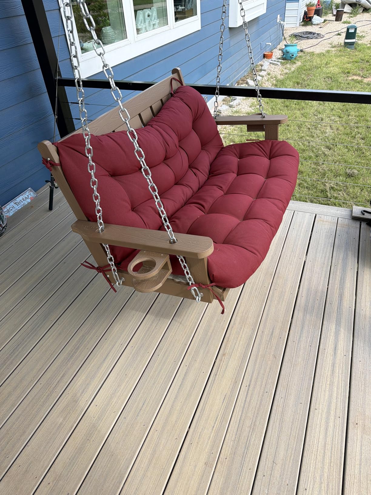 HIPS All-Weather Outdoor Hanging Porch Swing, 2 Seat Hanging Swing Bench with Cup Holders, Patio Swing Chair with Hanging Chains for Courtyard & Garden customer photo 1