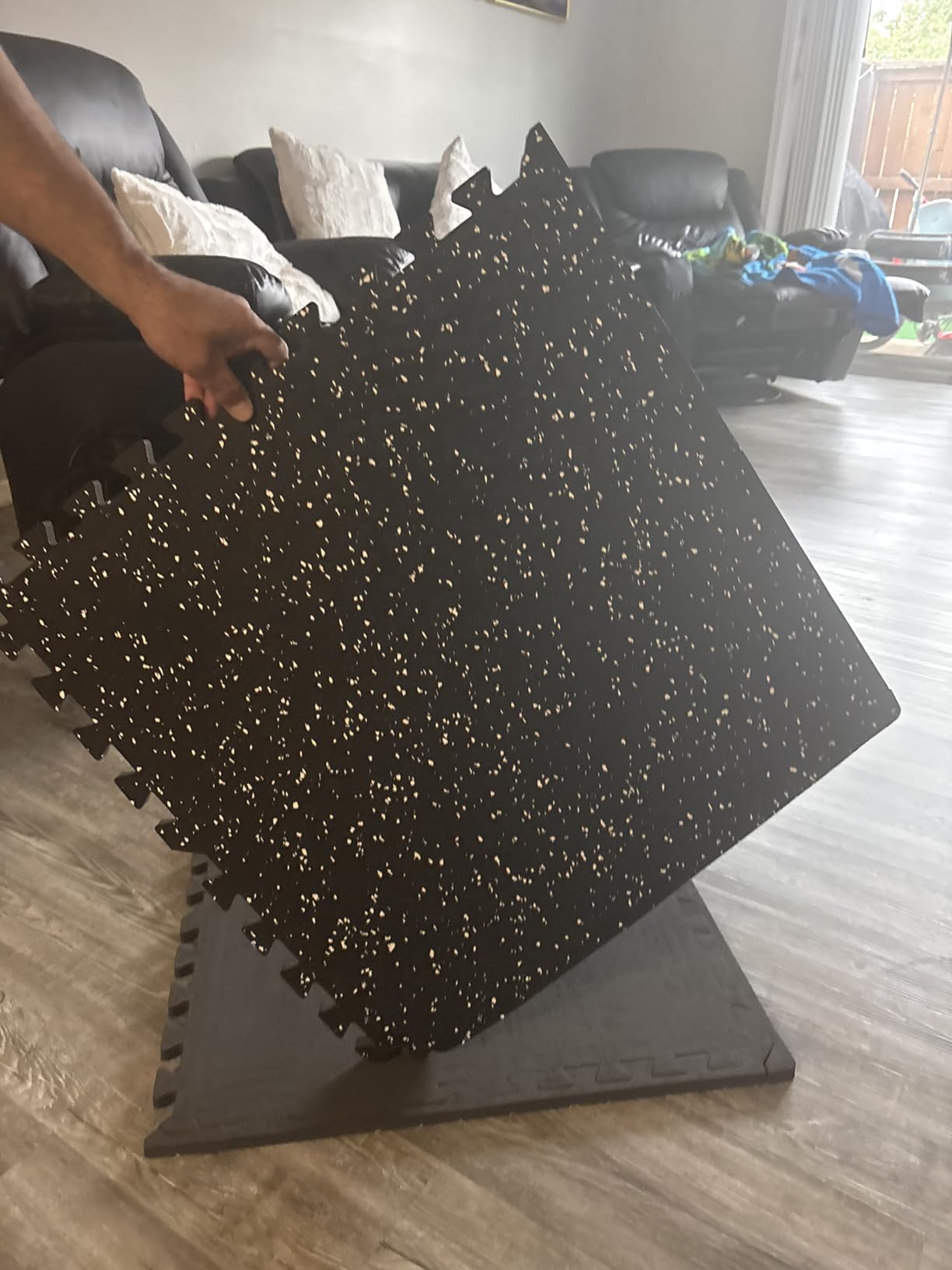 0.56'' Thick 12 Pcs 48 Sq Ft Non-Slip Rubber Top Exercise Equipment Mats, High Density EVA Foam Mats with Rubber Top, Interlocking Puzzle Gym Flooring for Home Gym, Workout Floor Mats, Black customer photo 1
