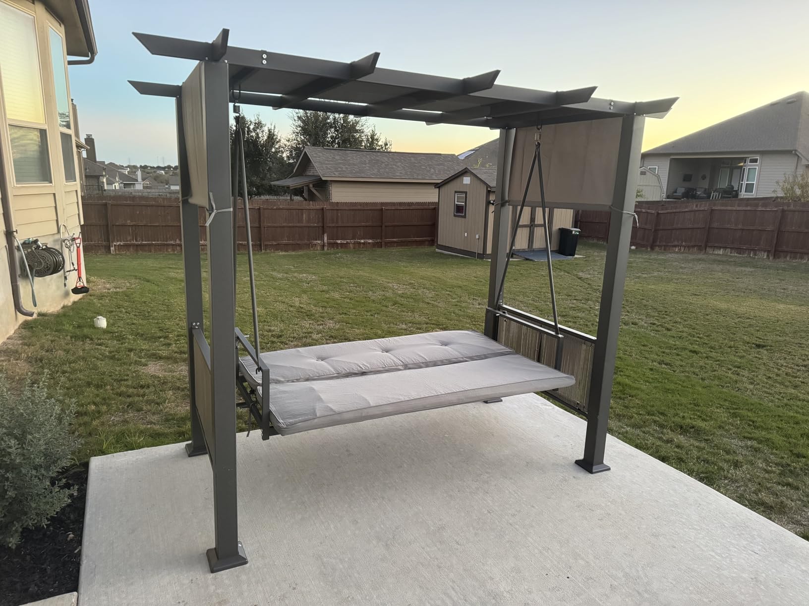 Pamapic 3-Seat Porch Swing with Stand, 990 LBS 2 in 1 Convertible Bed Patio Swings with Canopy Adjustable, Wicker Side Panel Swing Chair Outdoor with Cushion for Backyard, Porch, Garden (Gray) customer photo 1