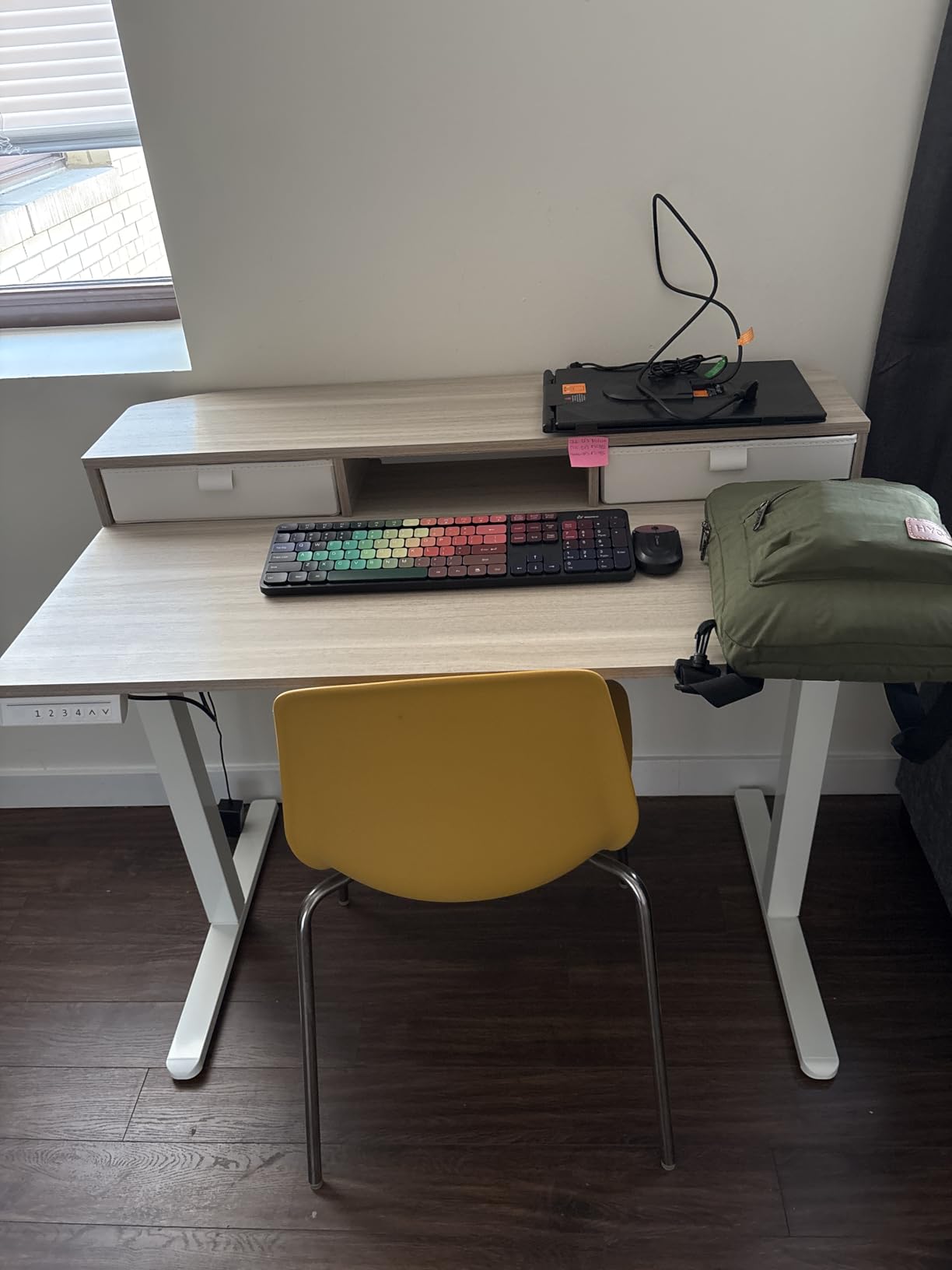 HUANUO 32 x 21 inch Small Electric Standing Desk with 2 Drawers, C-Clamp Mount Compatible, Height Adjustable Sit Stand Desk, Home Office Stand Up Desk with 4 Memory Height Settings, Light Walnut customer photo 2