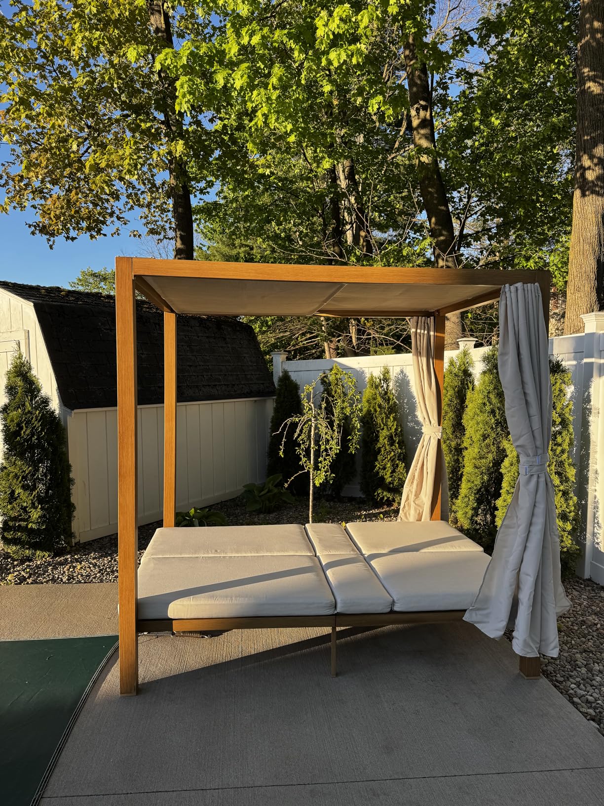 HAPPATIO Outdoor Patio Daybed with Retractable Canopy Bed, Patio Chaise Lounge with Adjustable Backrest, Wood-Like Aluminum Frame with Cushion & Curtain, Outdoor Chaise for Outside Pool, Garden customer photo 2